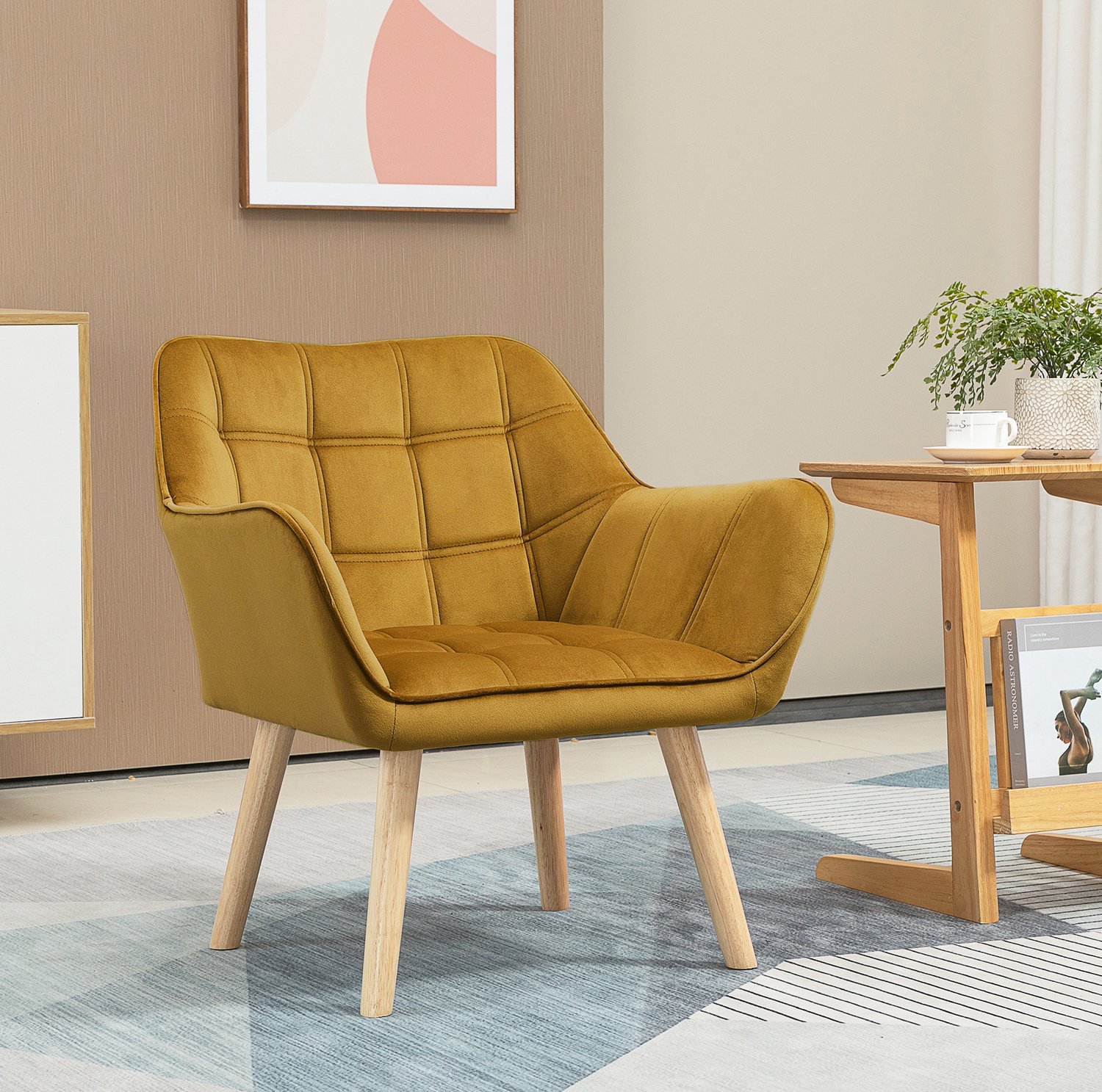 STILVORA Fauteuil 67 x 61,5 x 71 cm - Scandinavisch Ontwerp met Armleuningen - Voor Leeshoek en Woonkamer - Fluweelachtig Polyester - Geel