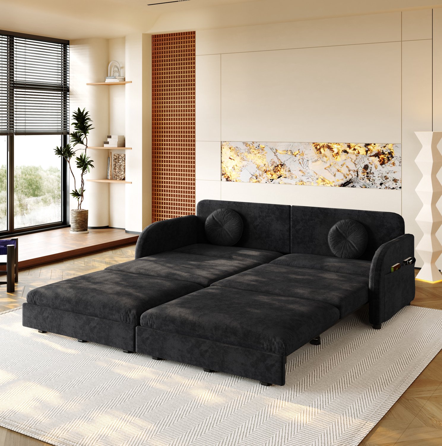 MODENUIT Slaapbank 206 x 84 x 90 cm - Uitschuifbaar 3-Zits - Met Zijvakken - Voor Woonkamer - Chenille - Zwart