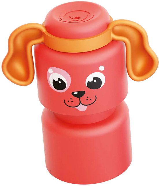 Rode stapelbare drinkfles in de vorm van een hondenkop met oranje hangende oren.