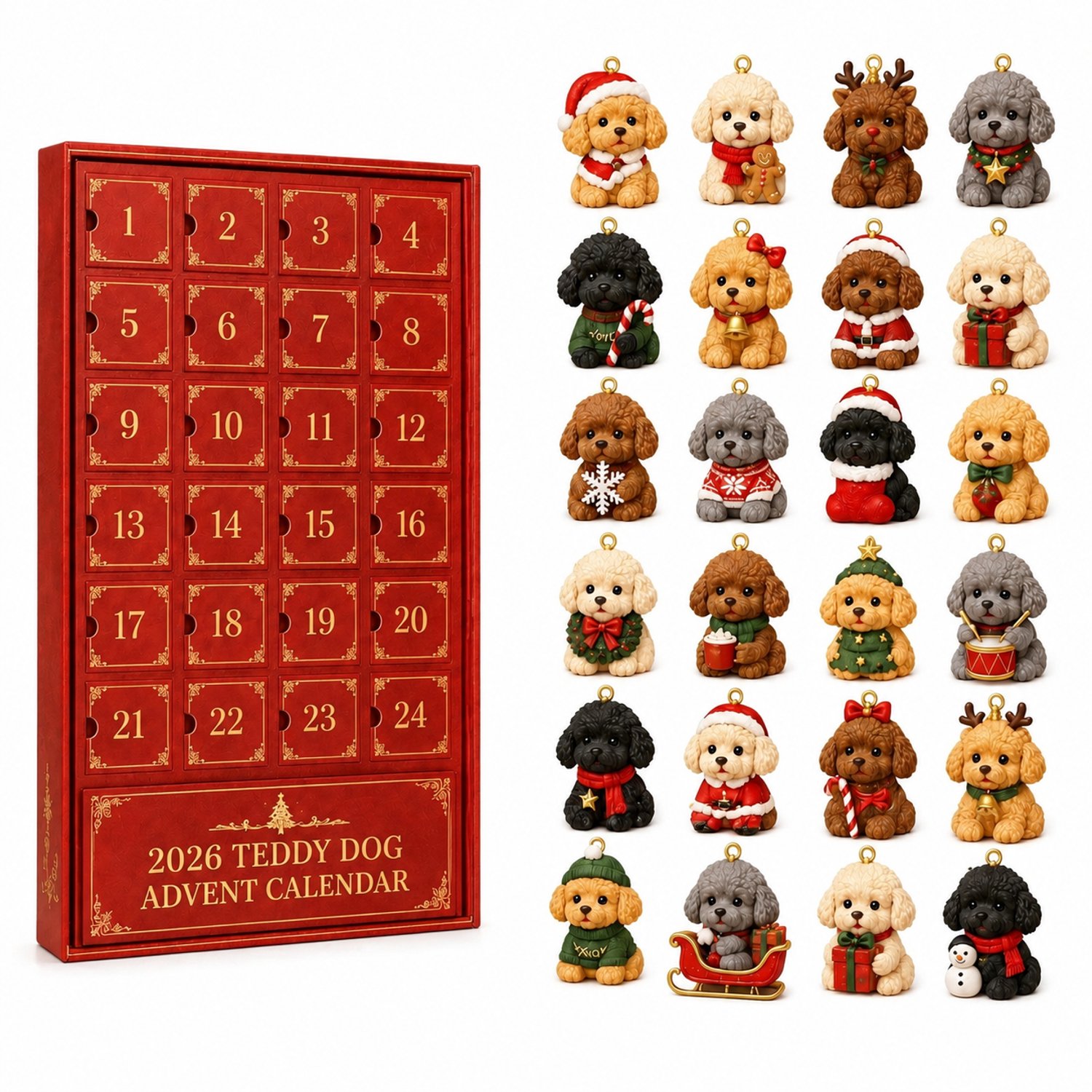 Adventskalender 2026 met 24 hondenhangertjes en 24 genummerde deurtjes, 26 x 18 x 3 cm