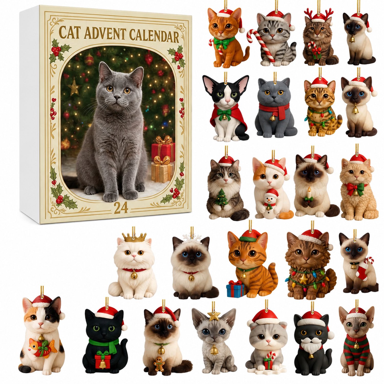 SWGOTA Kattenadventskalender met 24 vakjes en 24 kattenhangertjes voor Kerstmis - In doos Beige