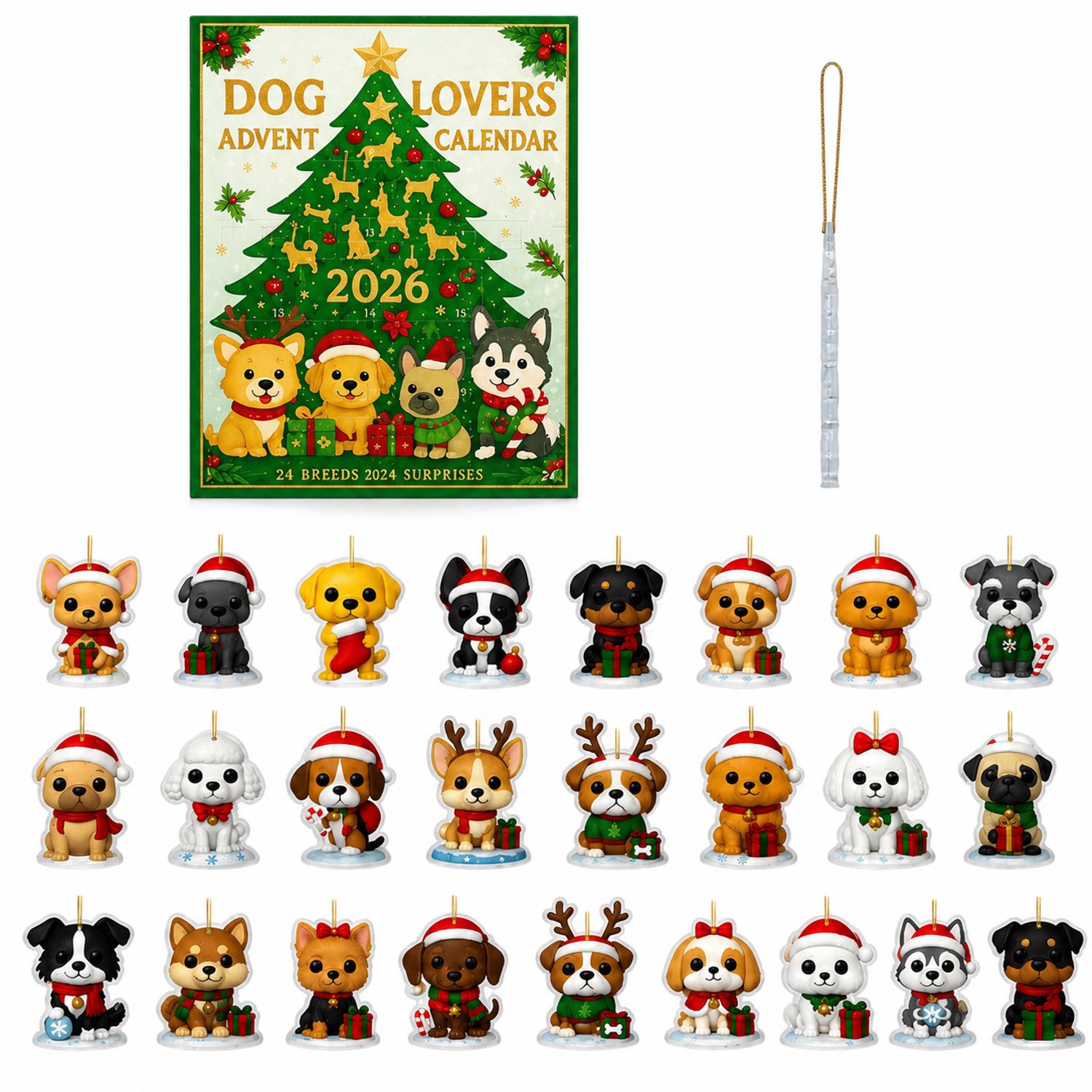 Adventskalender 2026 met 24 vakjes en platte acryl hondenhangers - Kerstdecoratie in doos