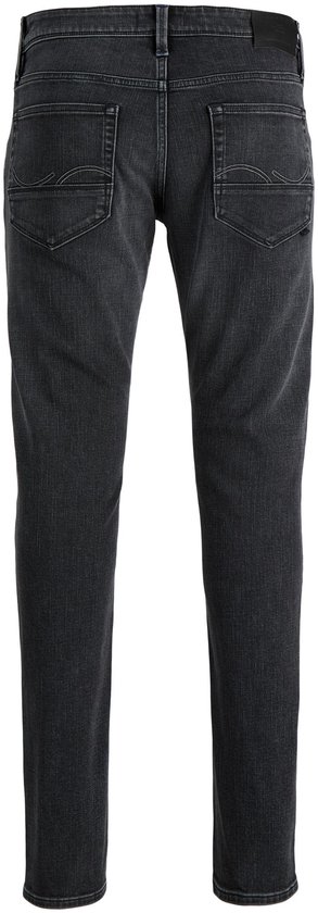 Achterkant van grijze slim fit jeans met twee achterzakken met decoratieve stiksels.