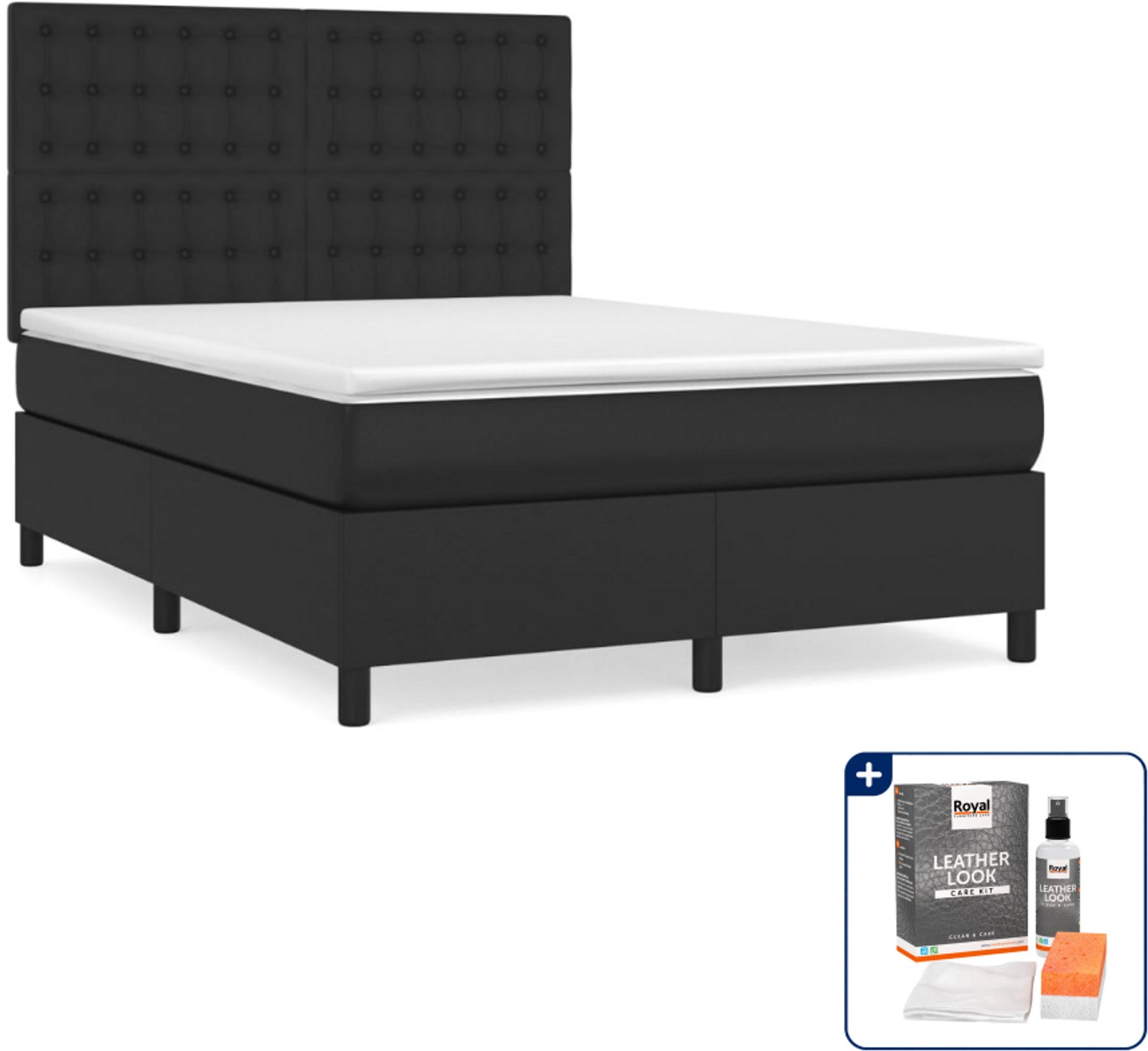 vidaXL boxspring met matras - Small double - 140 x 200 cm - zwart - Inclusief onderhoudsset voor kunstleer 150 ml