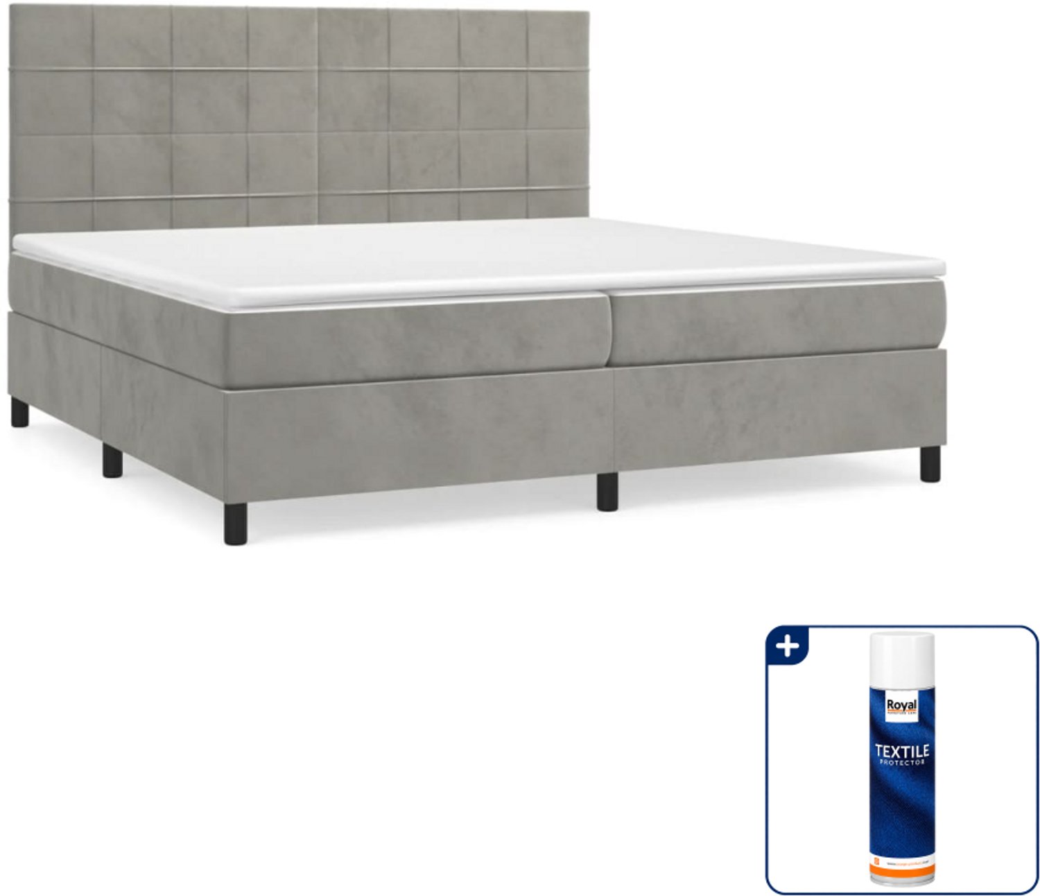 vidaXL boxspring met matras - Super kingsize - 200 x 200 cm - fluweel - lichtgrijs - Inclusief textielbeschermer 500 ml