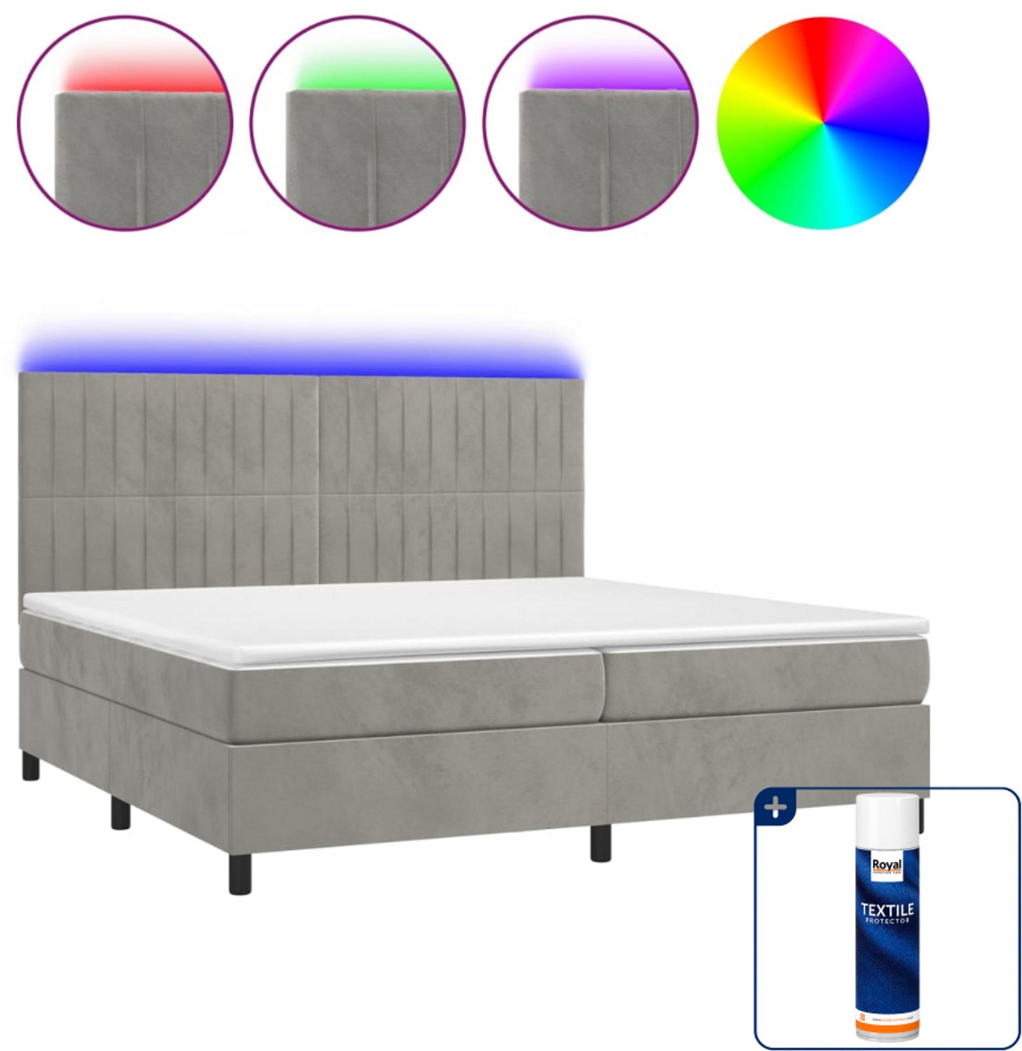 vidaXL Super kingsize boxspring met matras en LED - lichtgrijs - Inclusief textielbeschermer 500 ml