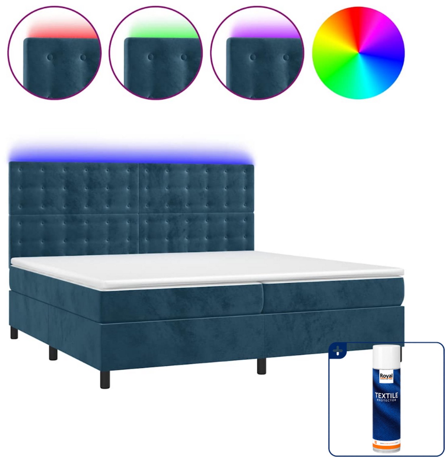 vidaXL boxspring met matras en LED - Super kingsize - donkerblauw - Inclusief textielbeschermer 500 ml