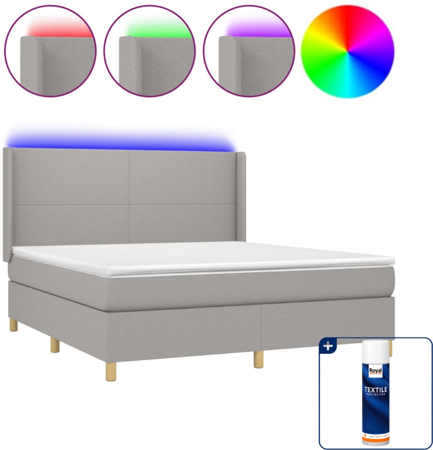 vidaXL boxspring met matras en LED - Queensize - lichtgrijs - Inclusief textielbeschermer 500 ml