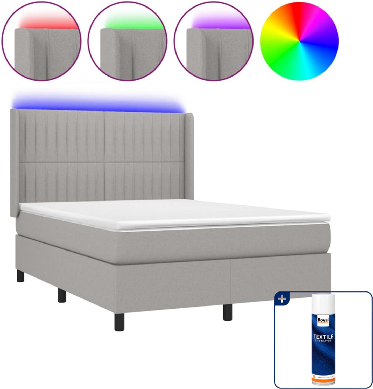 vidaXL Boxspring met matras en LED - 140 x 190 cm - lichtgrijs - Inclusief textielbeschermer 500 ml