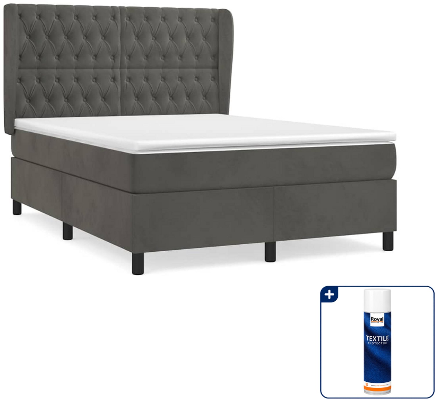 vidaXL boxspring met matras 140 x 190 cm - fluweel - donkergrijs - Inclusief textielbeschermer 500 ml