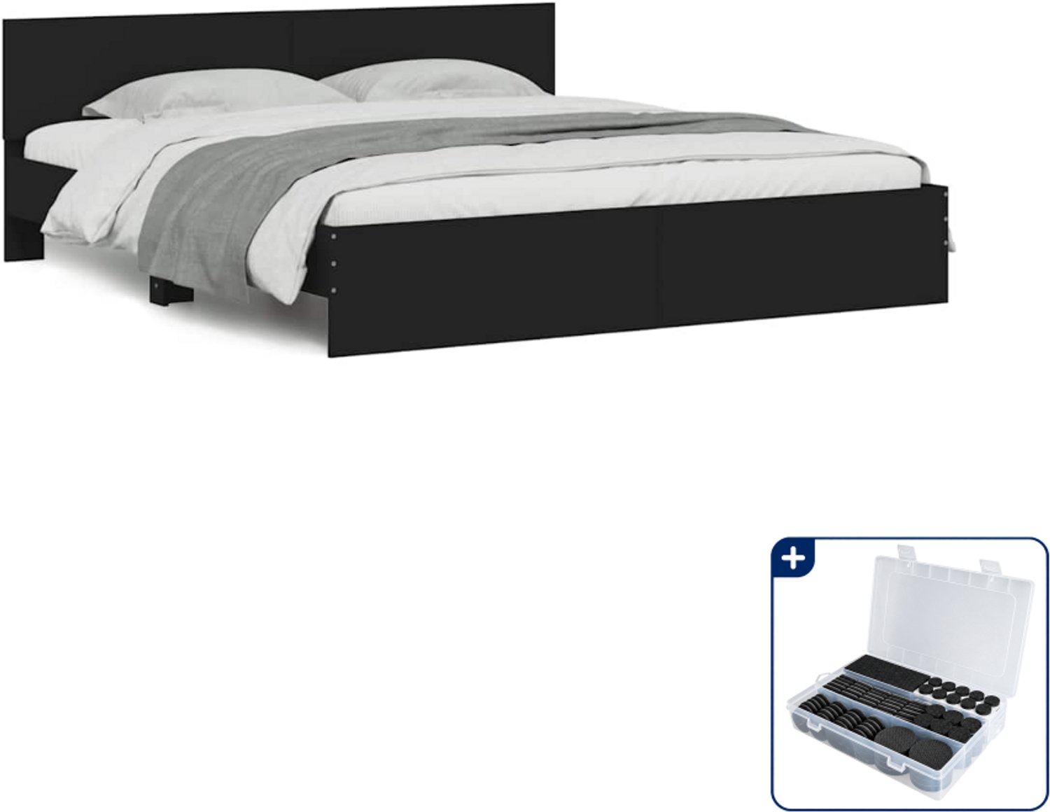 vidaXL bedframe met hoofdeinde - 200 x 200 cm - zwart - Inclusief antikrasvilt 177-delig Grijs