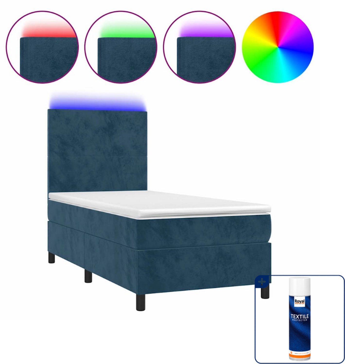 vidaXL boxspring met matras en LED - 90 x 190 cm - fluweel - donkerblauw - Inclusief textielbeschermer 500 ml