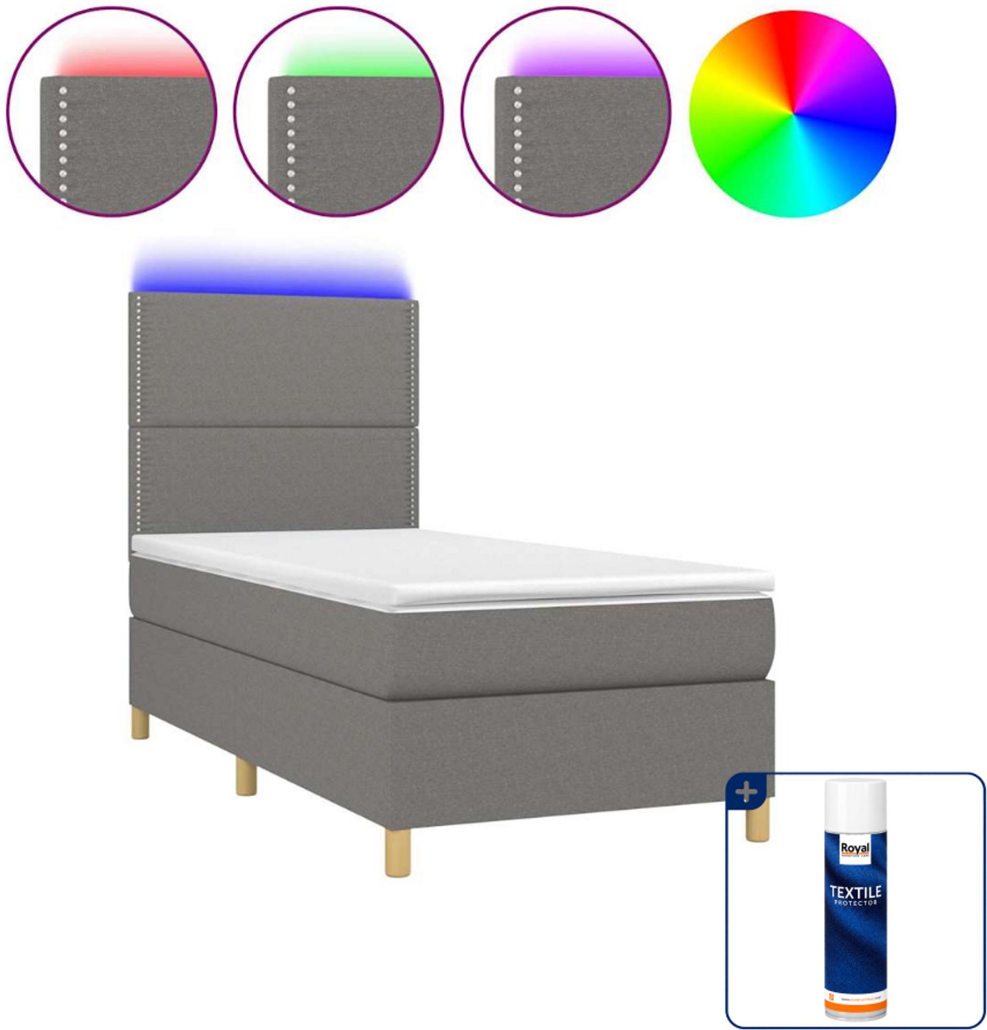 vidaXL boxspring met matras en LED - 90 x 190 cm - donkergrijs - Inclusief textielbeschermer 500 ml