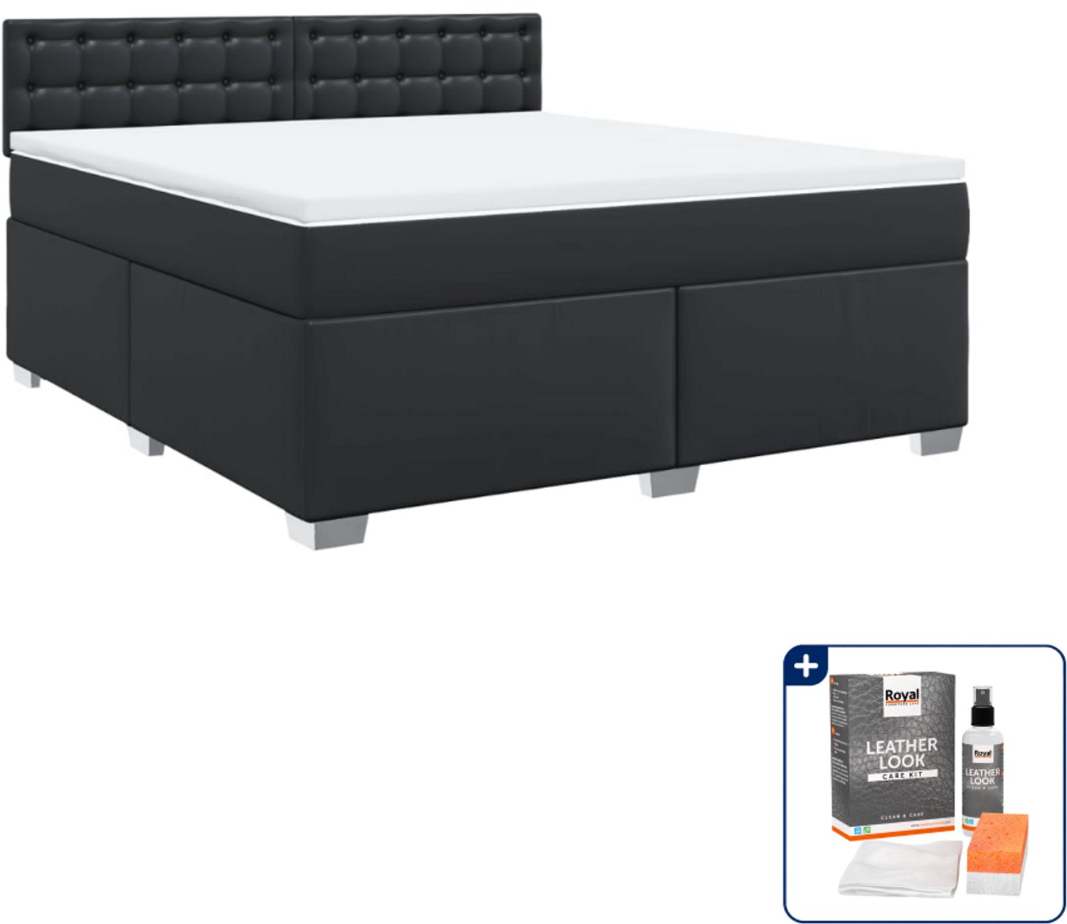 vidaXL Boxspring Kingsize - 180 x 200 cm - kunstleer - zwart - Inclusief onderhoudsset voor kunstleer 150 ml