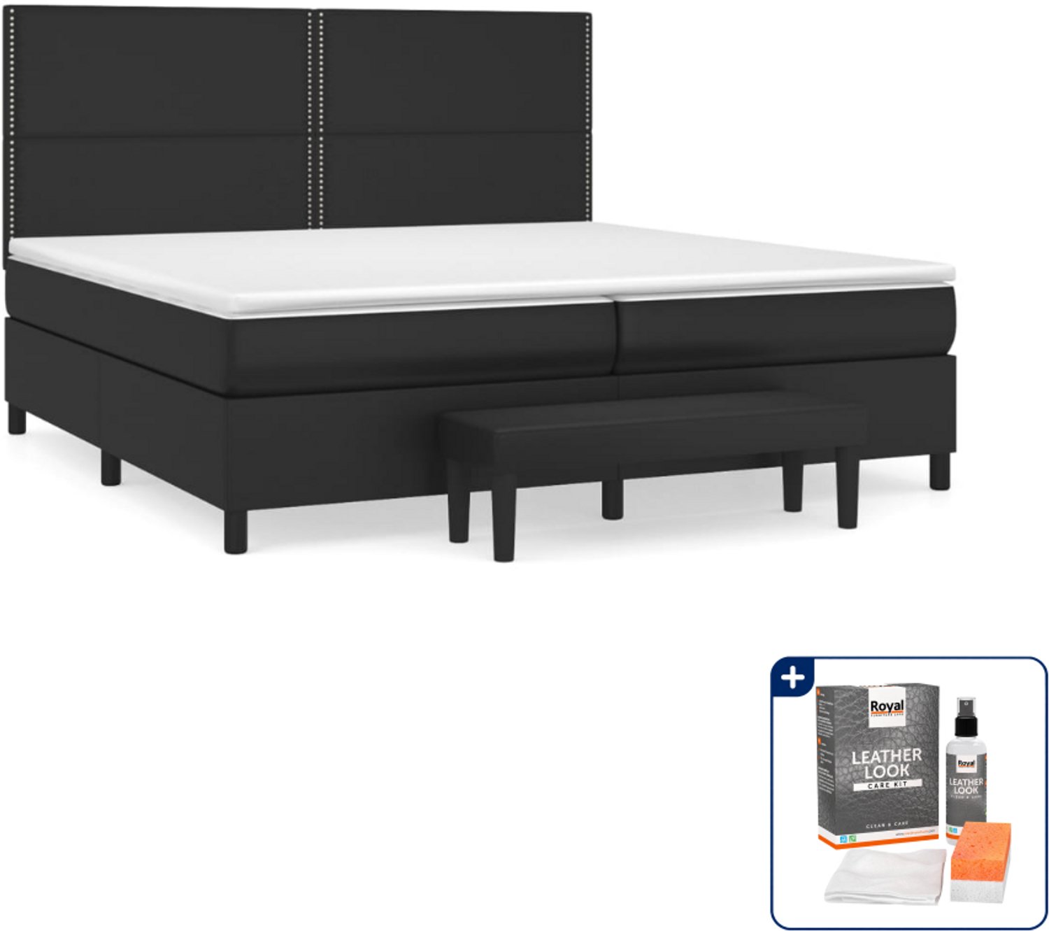 vidaXL Super kingsize boxspring met matras en bank - 200 x 200 cm - zwart - Inclusief onderhoudsset voor kunstleer 150 ml