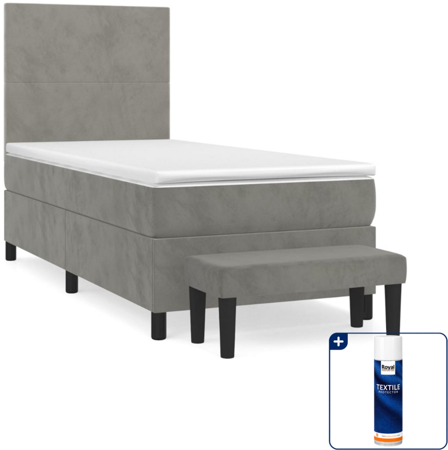vidaXL boxspring met matras en bankje - 90 x 200 cm - fluweel - lichtgrijs - Inclusief textielbeschermer 500 ml