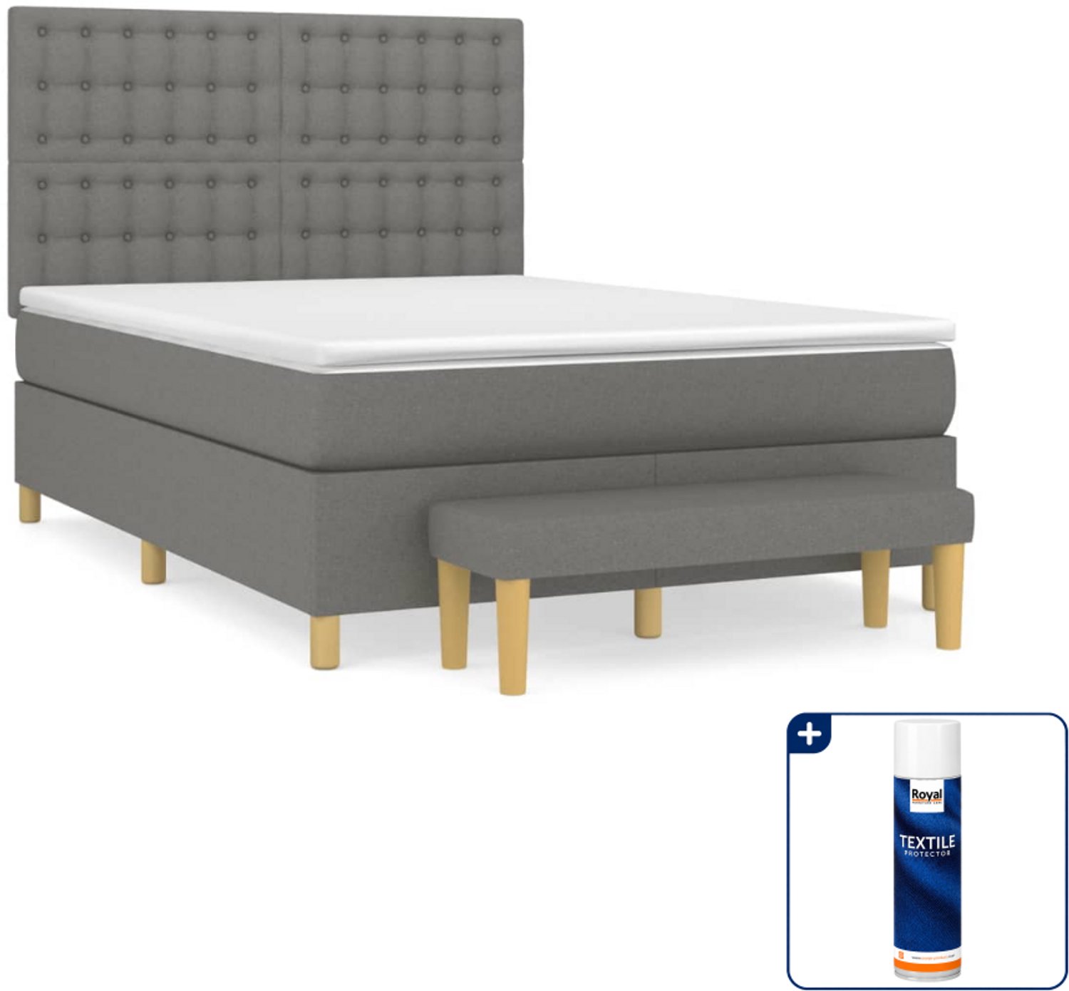 vidaXL boxspring met matras en bankje - 140 x 190 cm - donkergrijs - Inclusief textielbeschermer 500 ml