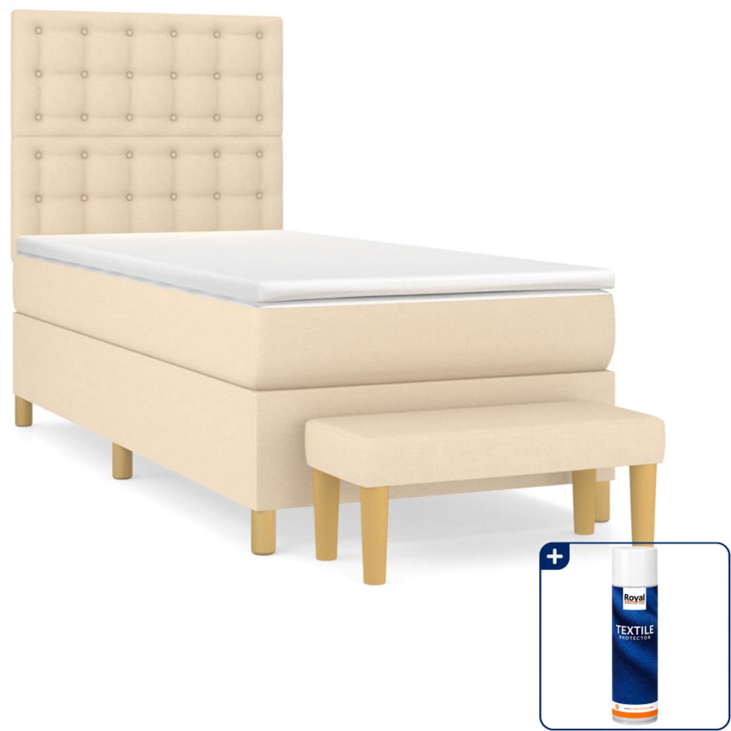 vidaXL boxspring met matras en bankje - 90 x 200 cm - crème - Inclusief textielbeschermer 500 ml