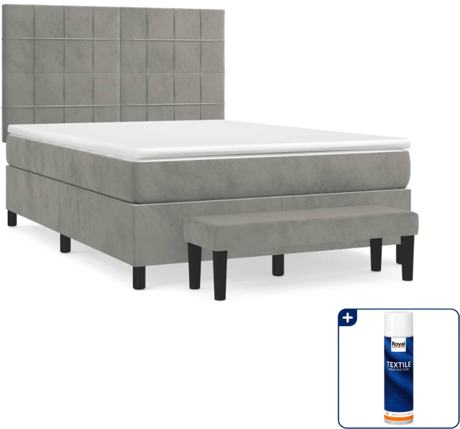 vidaXL Boxspring Small double - 140 x 200 cm - fluweel - lichtgrijs - Inclusief textielbeschermer 500 ml
