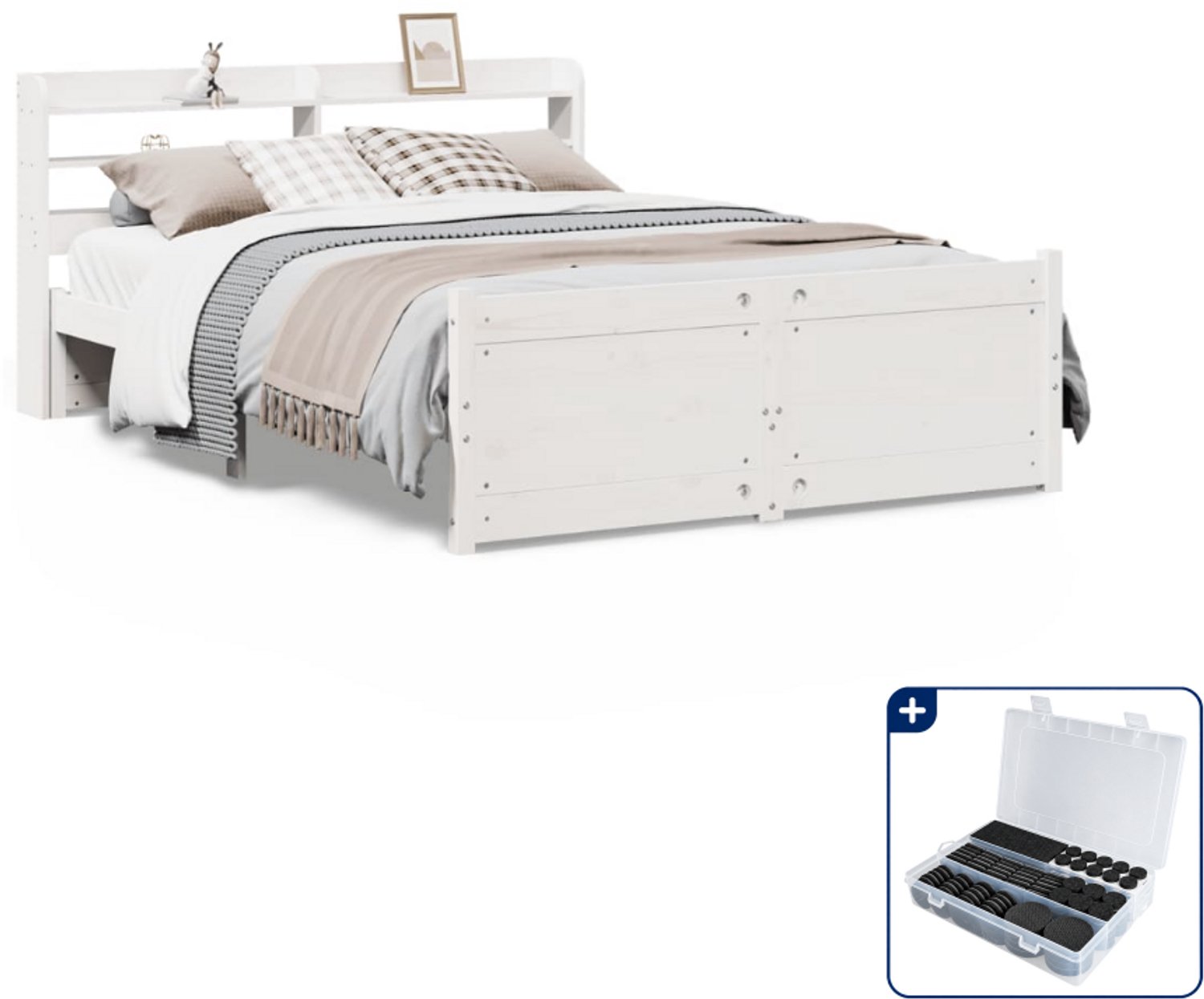 vidaXL Bedframe met hoofdbord - 150 x 200 cm - massief grenenhout - wit - Inclusief antikrasvilt 177-delig Bruin