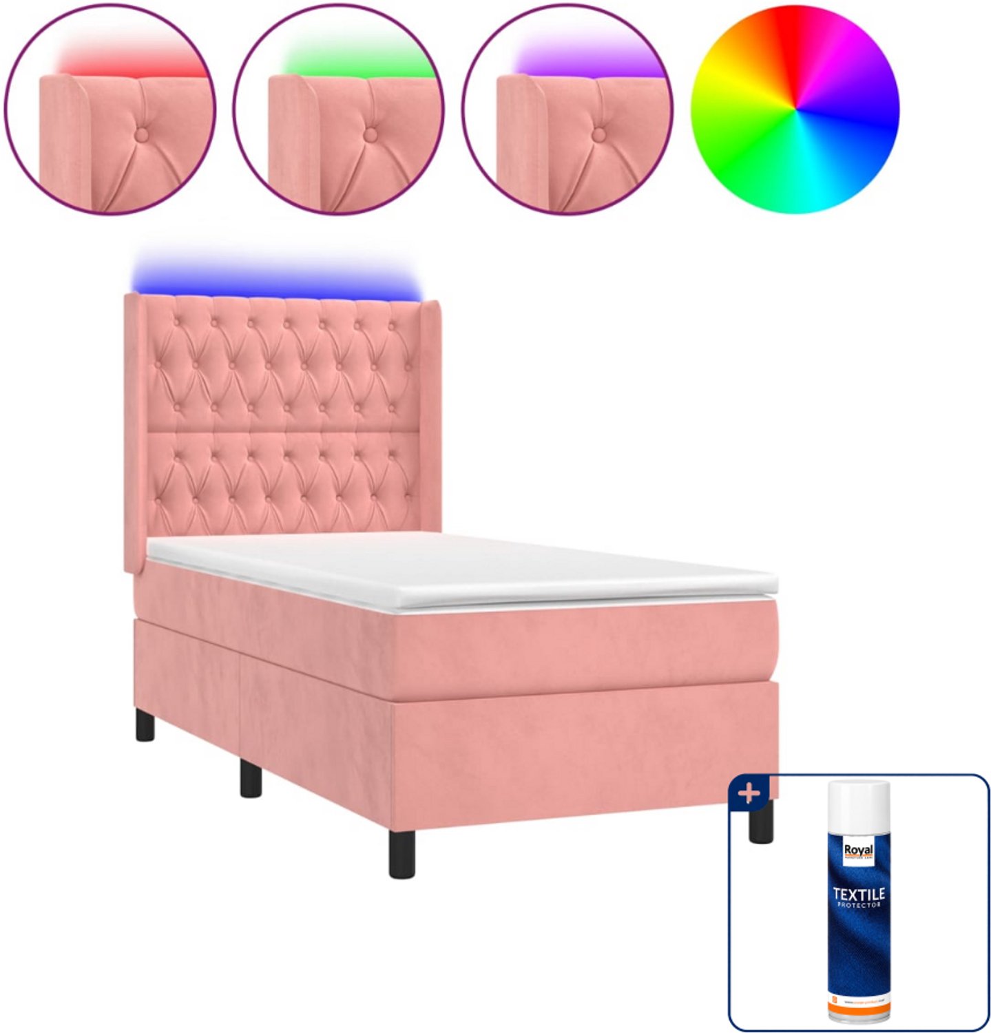 vidaXL boxspring met matras en LED - 100 x 200 cm - fluweel - roze - Inclusief textielbeschermer 500 ml