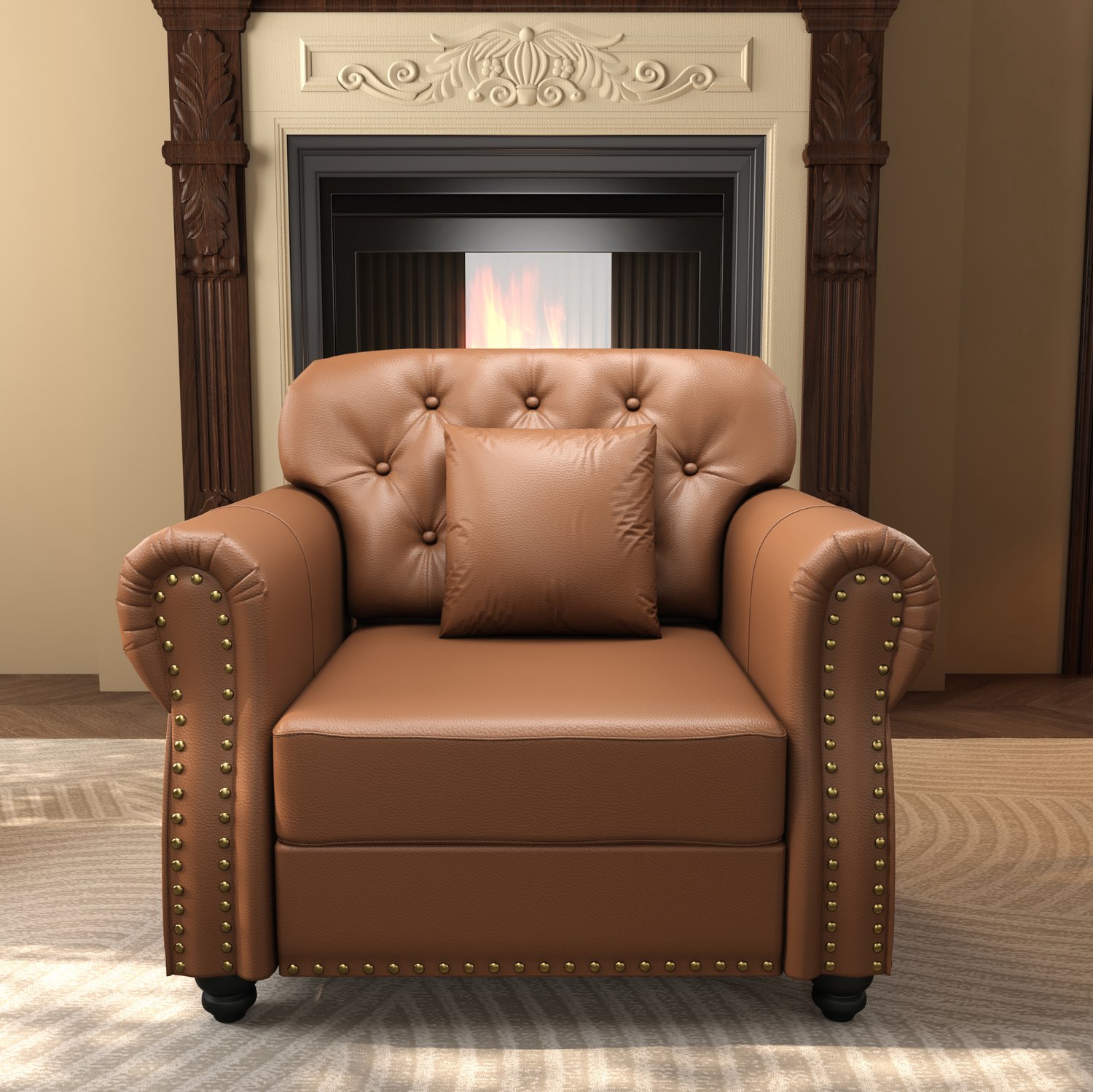 FloraGrace Chesterfield Fauteuil 105 x 76 x 86 cm - 1-Zits met Knopen en Siernagels - voor de Woonkamer - Kunstleer en Hout - Bruin