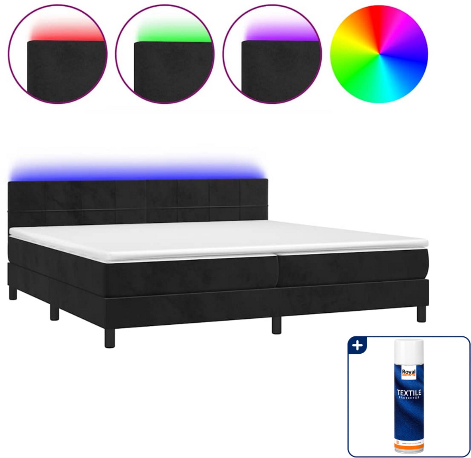 vidaXL boxspring met matras en led - super kingsize - fluweel - zwart - Inclusief textielbeschermer 500 ml