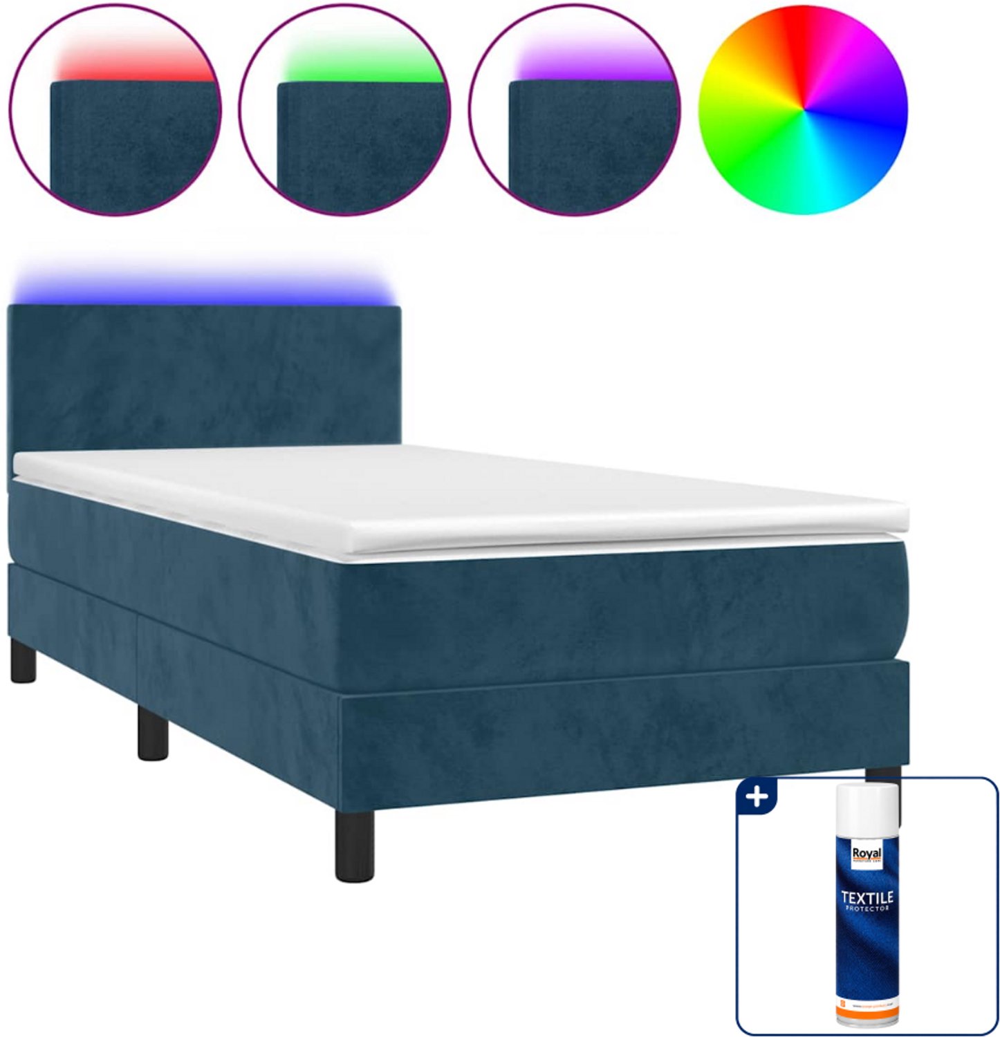 vidaXL boxspring met matras en LED - 90 x 200 cm - donkerblauw - Inclusief textielbeschermer 500 ml