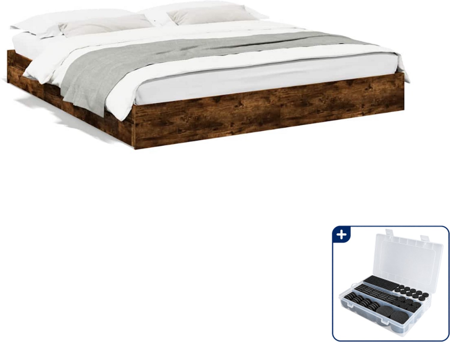 vidaXL Bedframe met lades - Kingsize - 180 x 200 cm - gerookt eiken - Inclusief antikrasvilt 177-delig Zwart