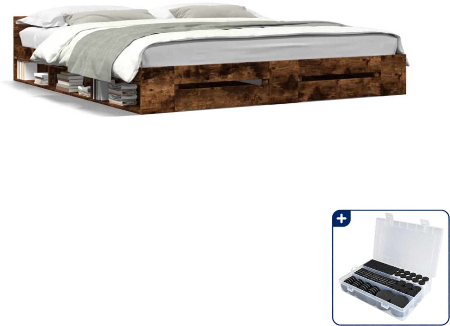 vidaXL bedframe - 200 x 200 cm - bewerkt hout - gerookt eiken - Inclusief antikrasvilt 177-delig Zwart