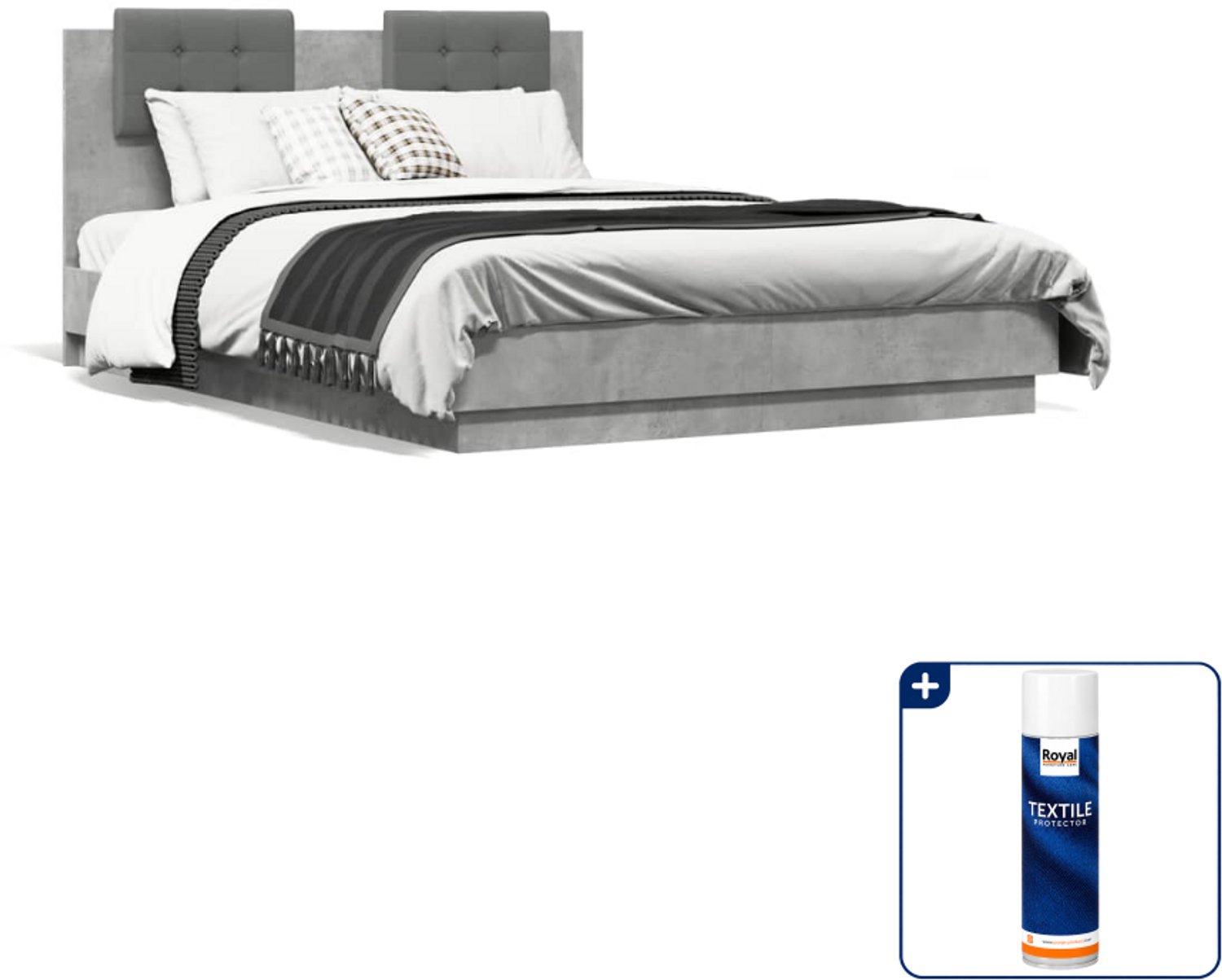 vidaXL bedframe met hoofdeinde - 135 x 190 cm - bewerkt hout - betongrijs - Inclusief textielbeschermer 500 ml Wit