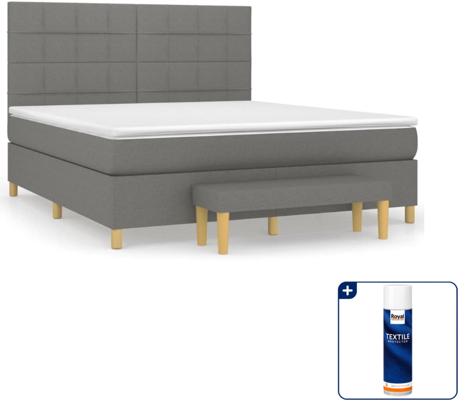vidaXL boxspring met matras en bankje - Queensize - donkergrijs - Inclusief textielbeschermer 500 ml