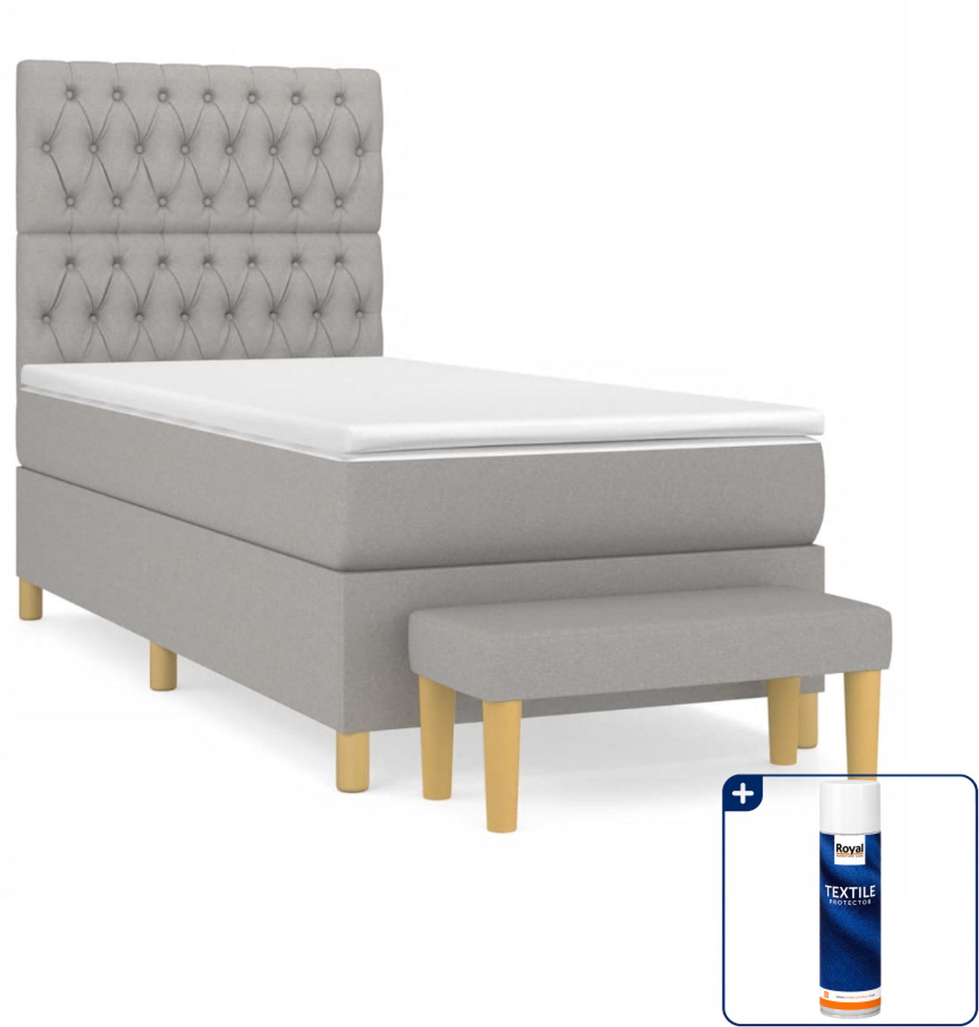 vidaXL boxspring met matras en bankje - 90 x 200 cm - stof - lichtgrijs - Inclusief textielbeschermer 500 ml