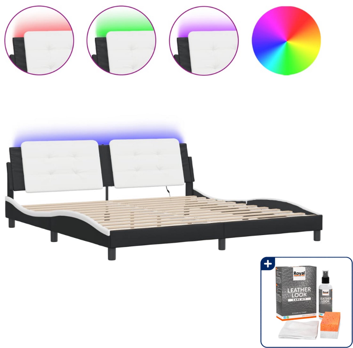 vidaXL Zadar bedframe met LED - Super kingsize - 200 x 200 cm - zwart en wit - Inclusief onderhoudsset voor kunstleer 150 ml