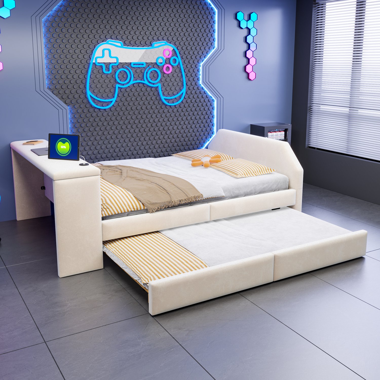 Zubaliya Gestoffeerd bed - 140 x 200 cm - Beige - fluweel - USB-aansluiting - Bureau - Laadaansluiting