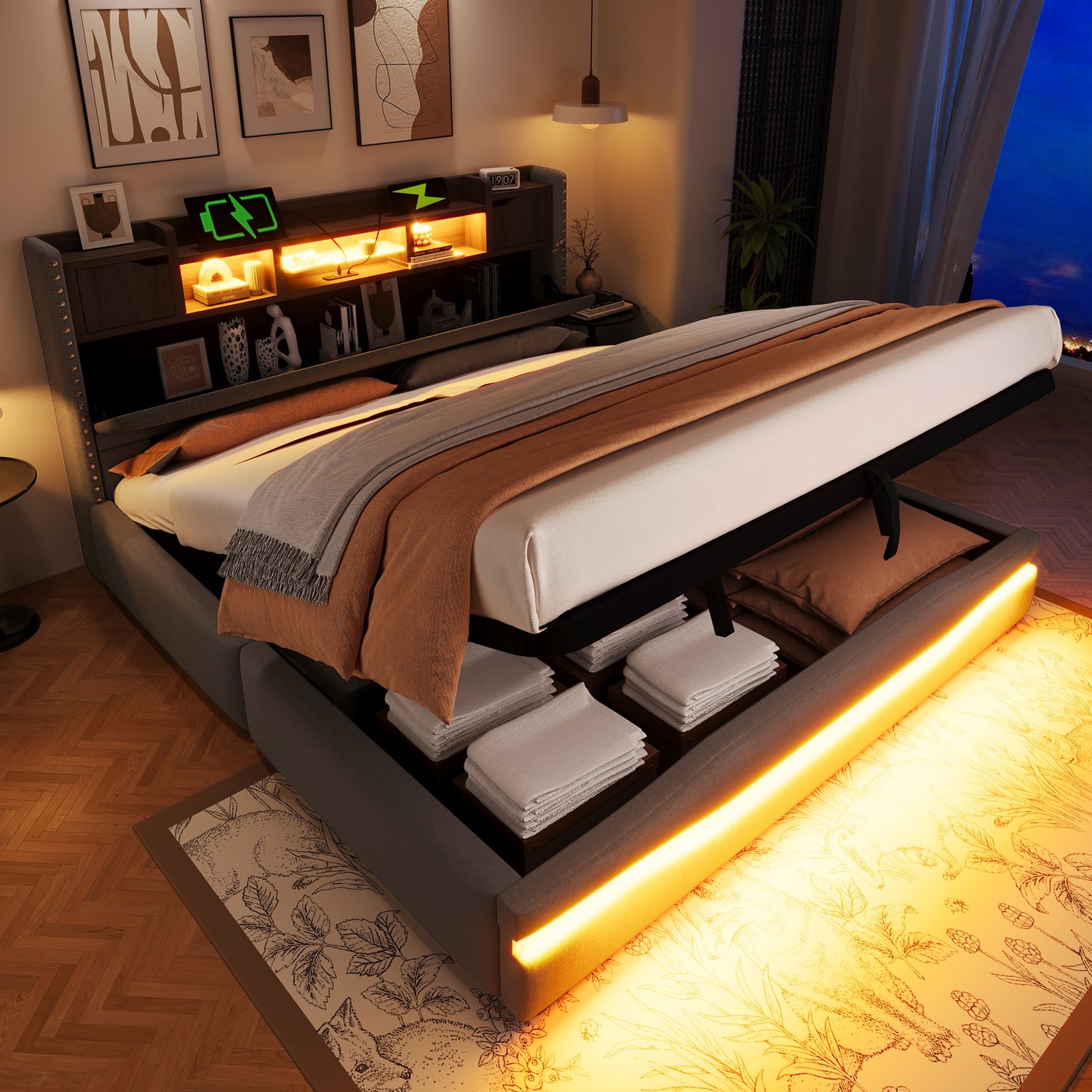 Zubaliya Gestoffeerd bed - 180 x 200 cm - Grijs - linnen - Hydraulische opbergruimte - LED-verlichting - USB-aansluiting
