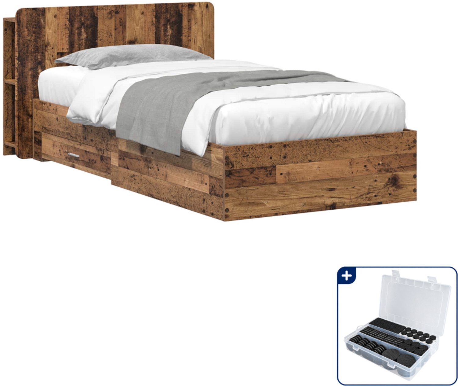 vidaXL bedframe met opslag - 90 x 190 cm - bewerkt hout - oud hout - Inclusief antikrasvilt 177-delig Bruin