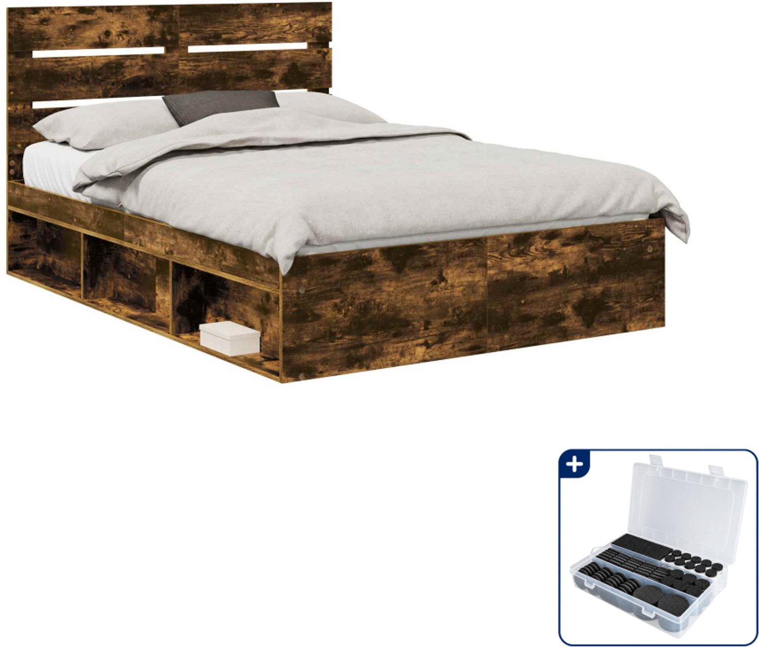 vidaXL bedframe - 140 x 190 cm - bewerkt hout - gerookt eiken - Inclusief antikrasvilt 177-delig Bruin