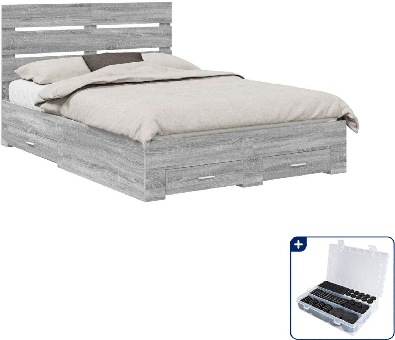 vidaXL bedframe met lade - Small double 140 x 200 cm - bewerkt hout - grijs sonoma - Inclusief antikrasvilt 177-delig Bruin