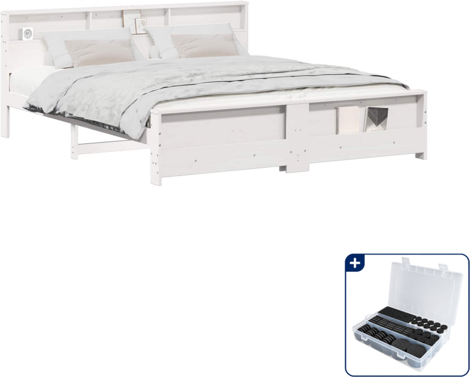 vidaXL Kingsize bedframe - 180 x 200 cm - massief grenenhout - wit - Inclusief antikrasvilt 177-delig Grijs