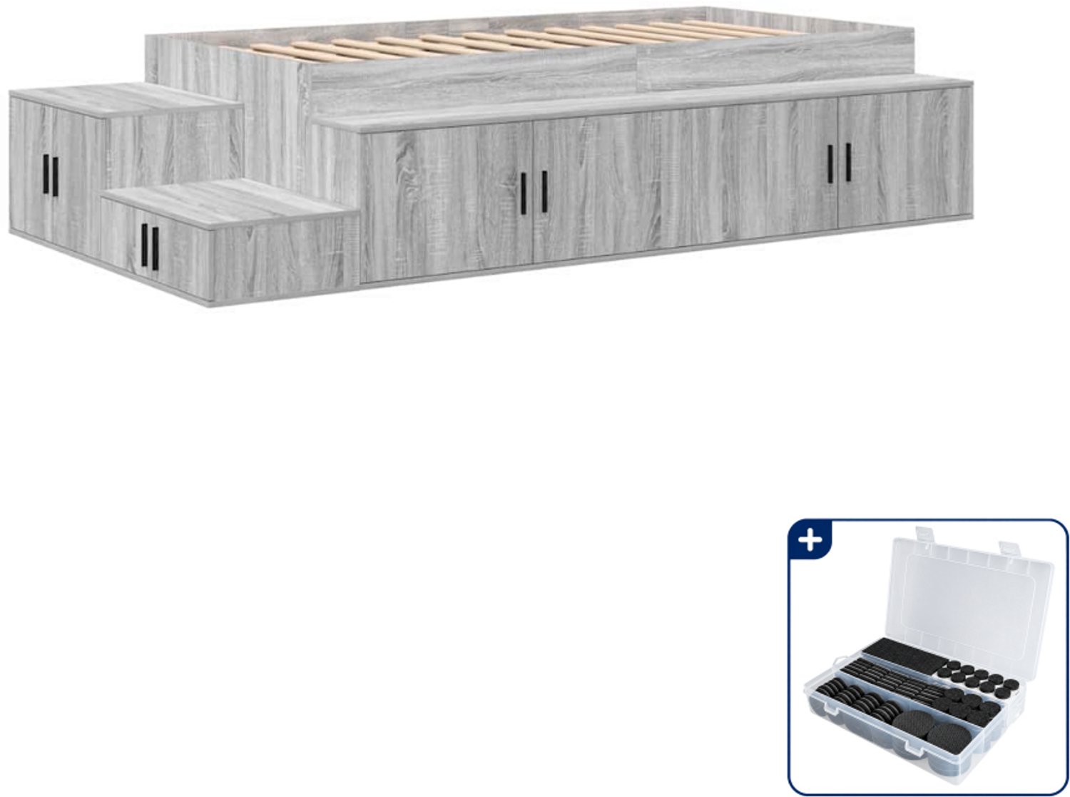 vidaXL opbergbedframe - 90 x 200 cm - bewerkt hout - grijs sonoma - Inclusief antikrasvilt 177-delig