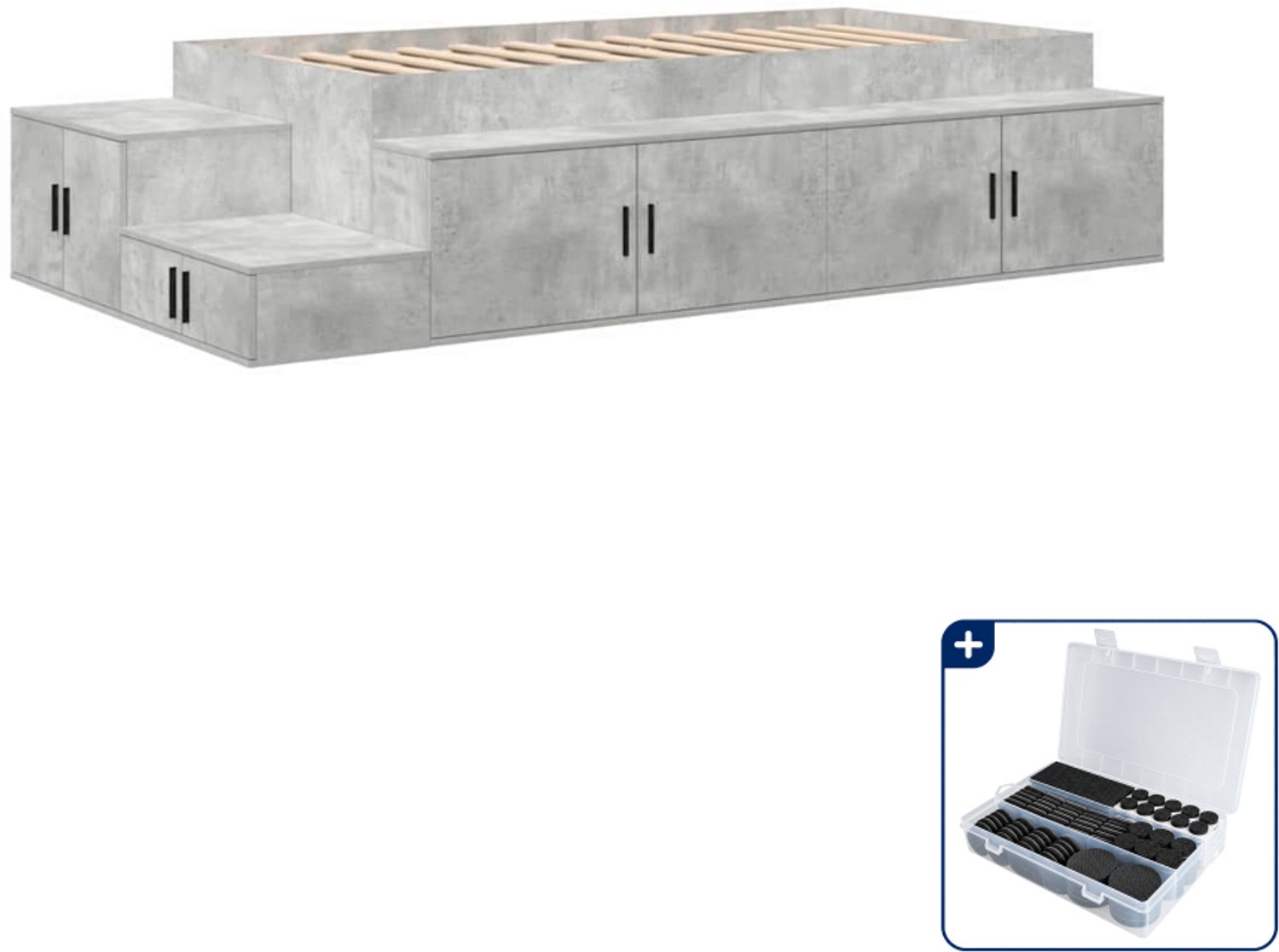 vidaXL Opbergbedframe - 90 x 200 cm - bewerkt hout - beton grijs - Inclusief antikrasvilt 177-delig