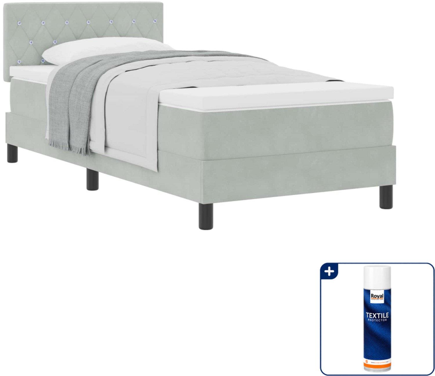 vidaXL boxspringbed met matras - 90 x 190 cm - fluweel - lichtgrijs - Inclusief textielbeschermer 500 ml