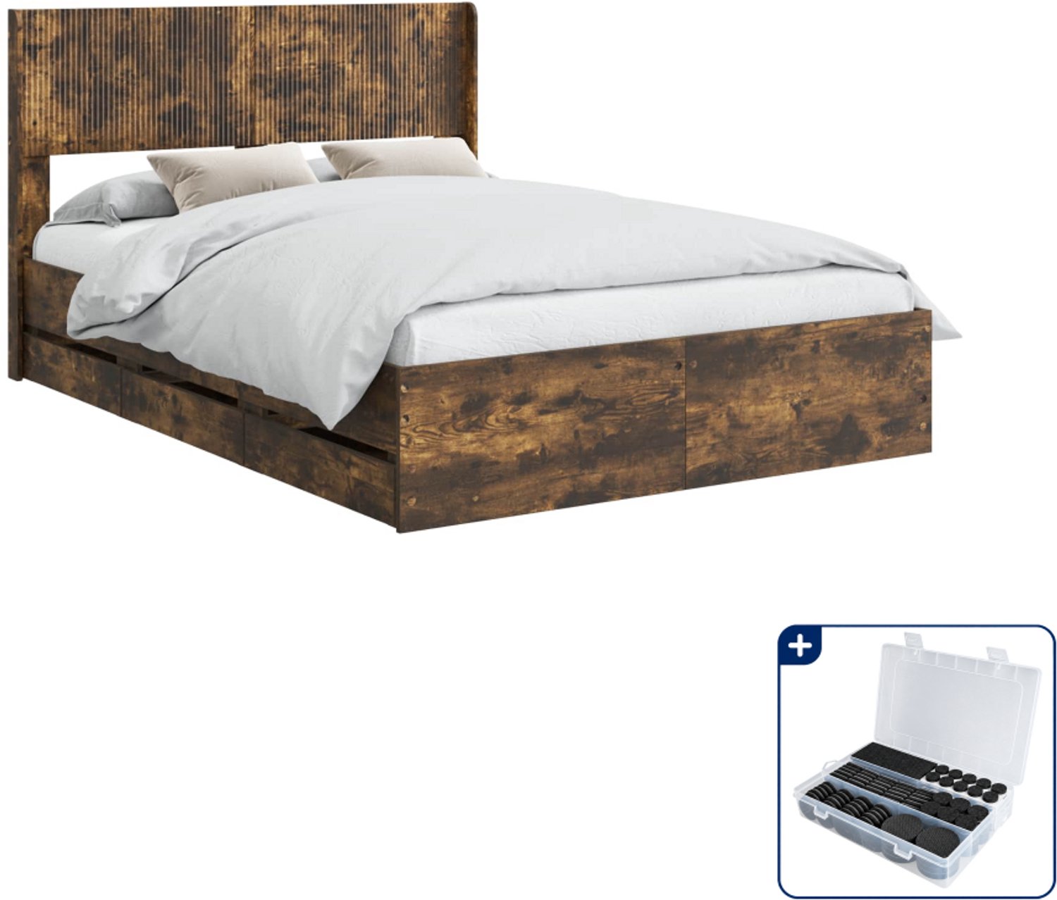 vidaXL Bedframe met opbergruimte - 141,5 x 193 x 100 cm - bewerkt hout - gerookt eiken - Inclusief antikrasvilt 177-delig Bruin