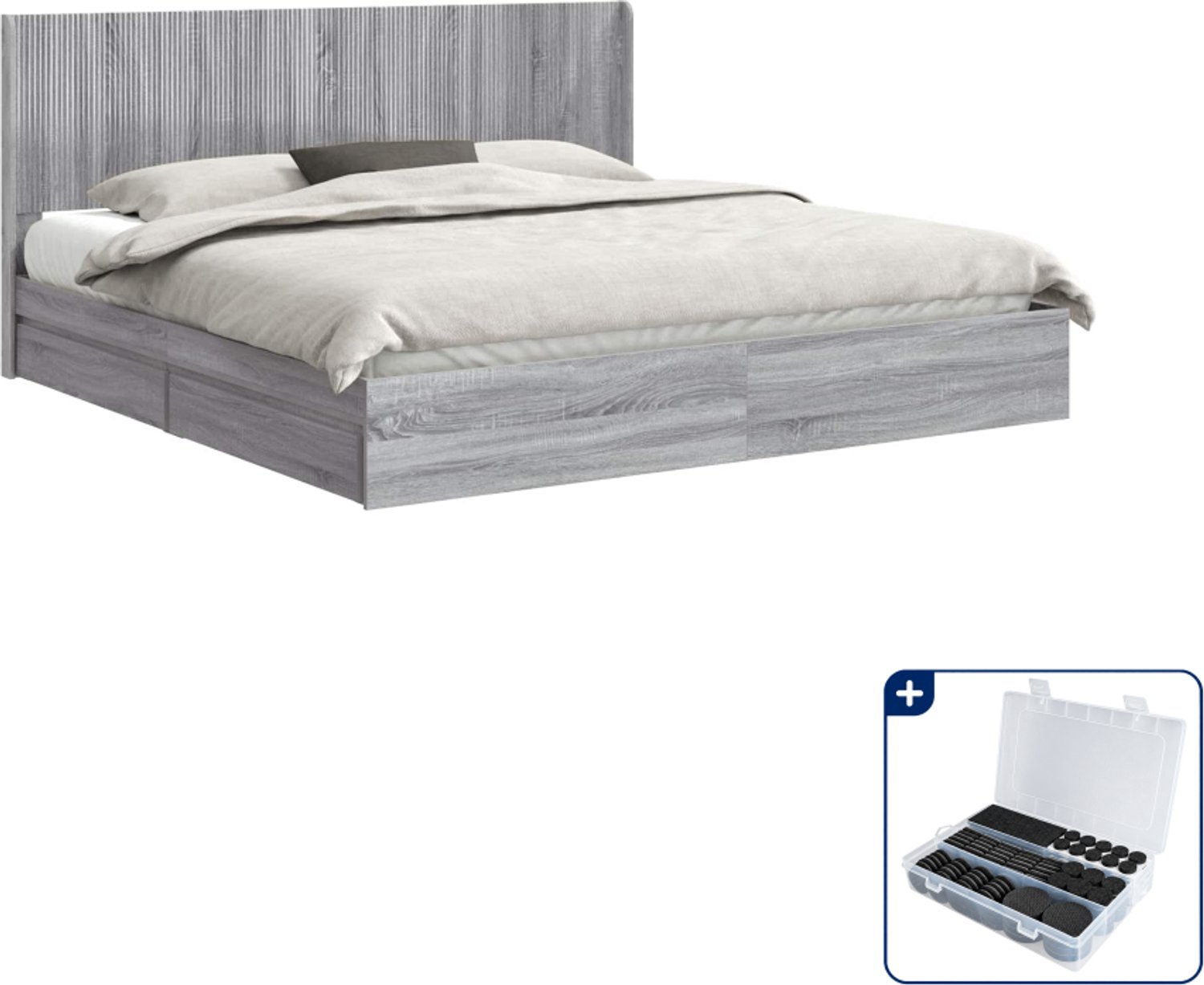 vidaXL bedframe - Kingsize - 180 x 200 cm - bewerkt hout - grijs - Inclusief antikrasvilt 177-delig