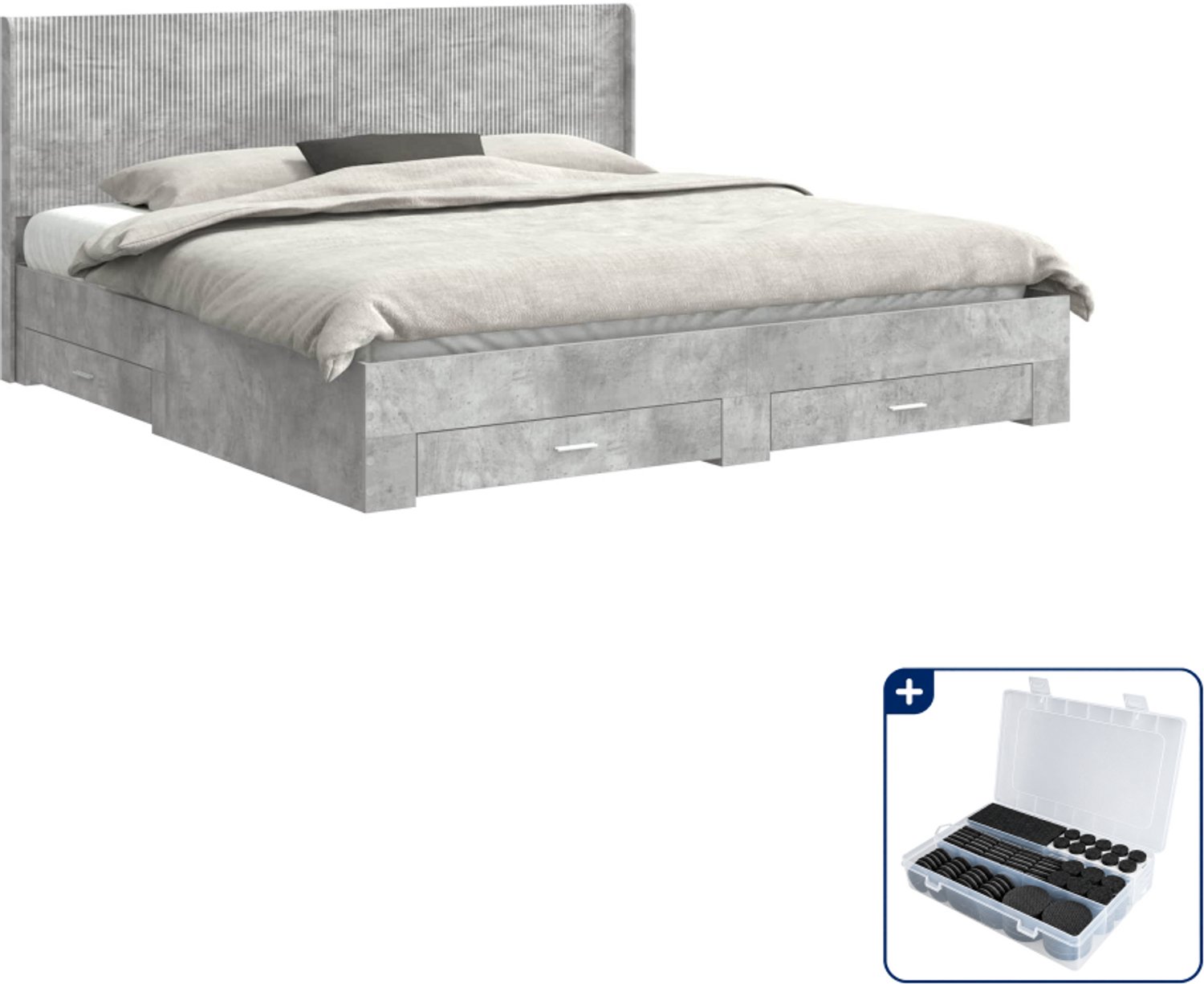 vidaXL bedframe met opbergruimte - 200 x 200 cm - bewerkt hout - grijs - Inclusief antikrasvilt 177-delig