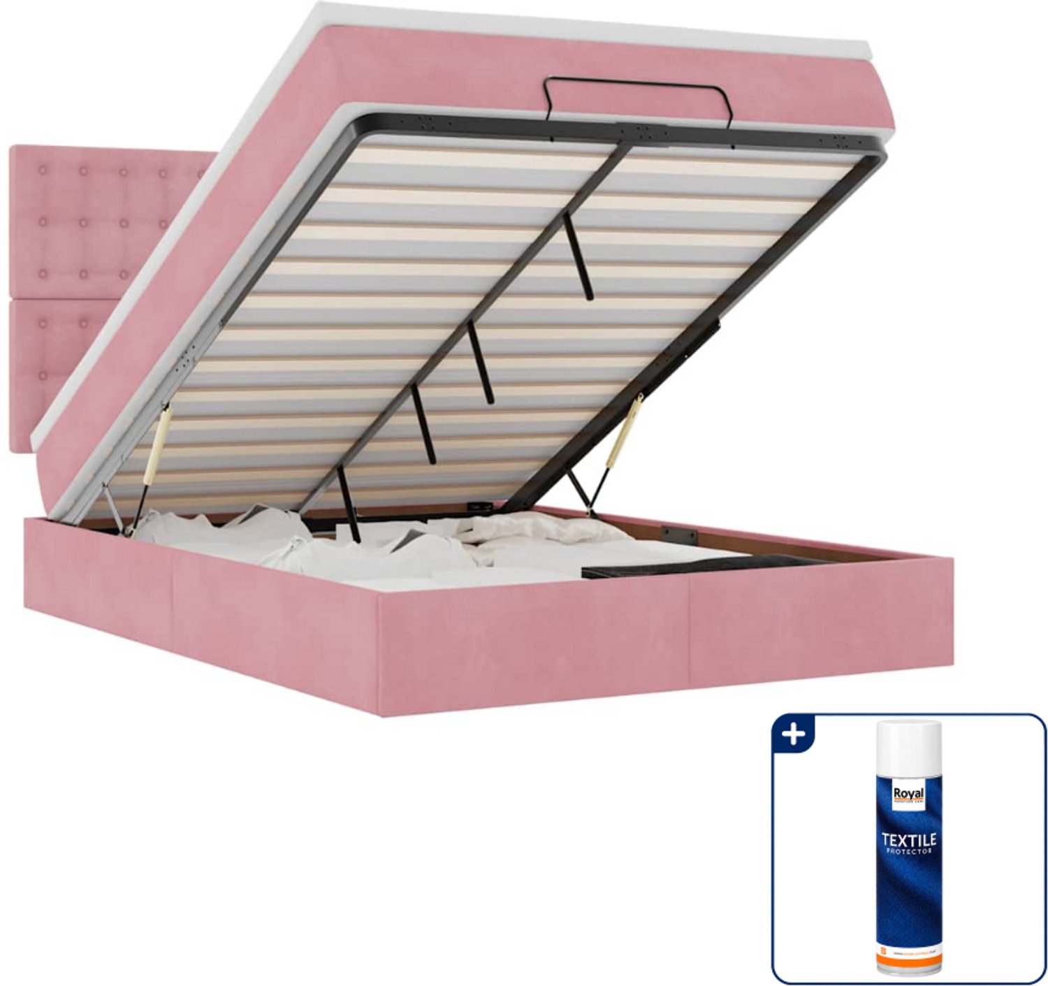 vidaXL ottoman bed - 140 x 190 cm - fluweel - roze - Inclusief textielbeschermer 500 ml
