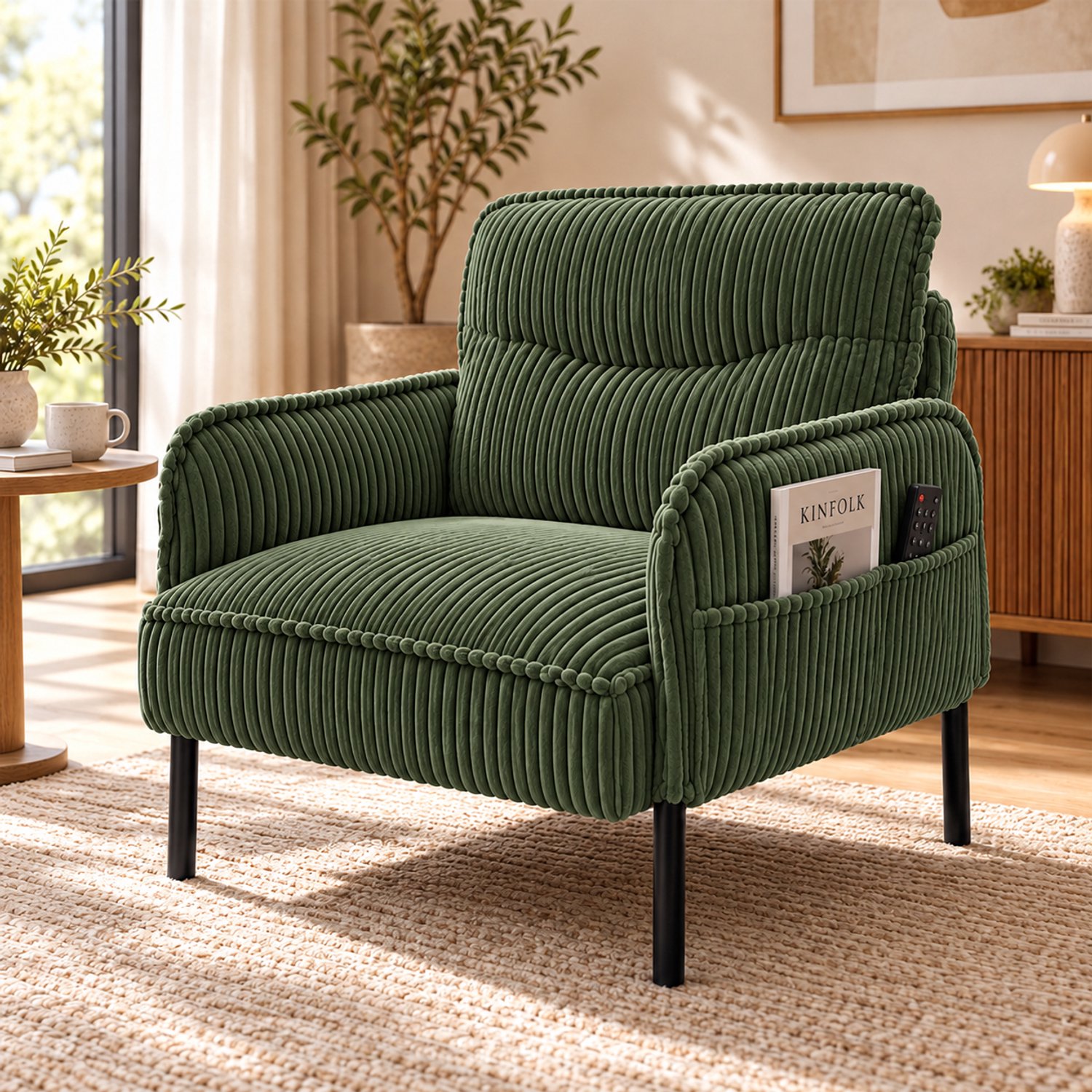 FloraGrace Fauteuil 69 x 73 x 83 cm - Zachte Ribstof met Zijvakken en Hoge Rugleuning - voor Woonkamer en Slaapkamer - Ribstof en Metaal - Groen