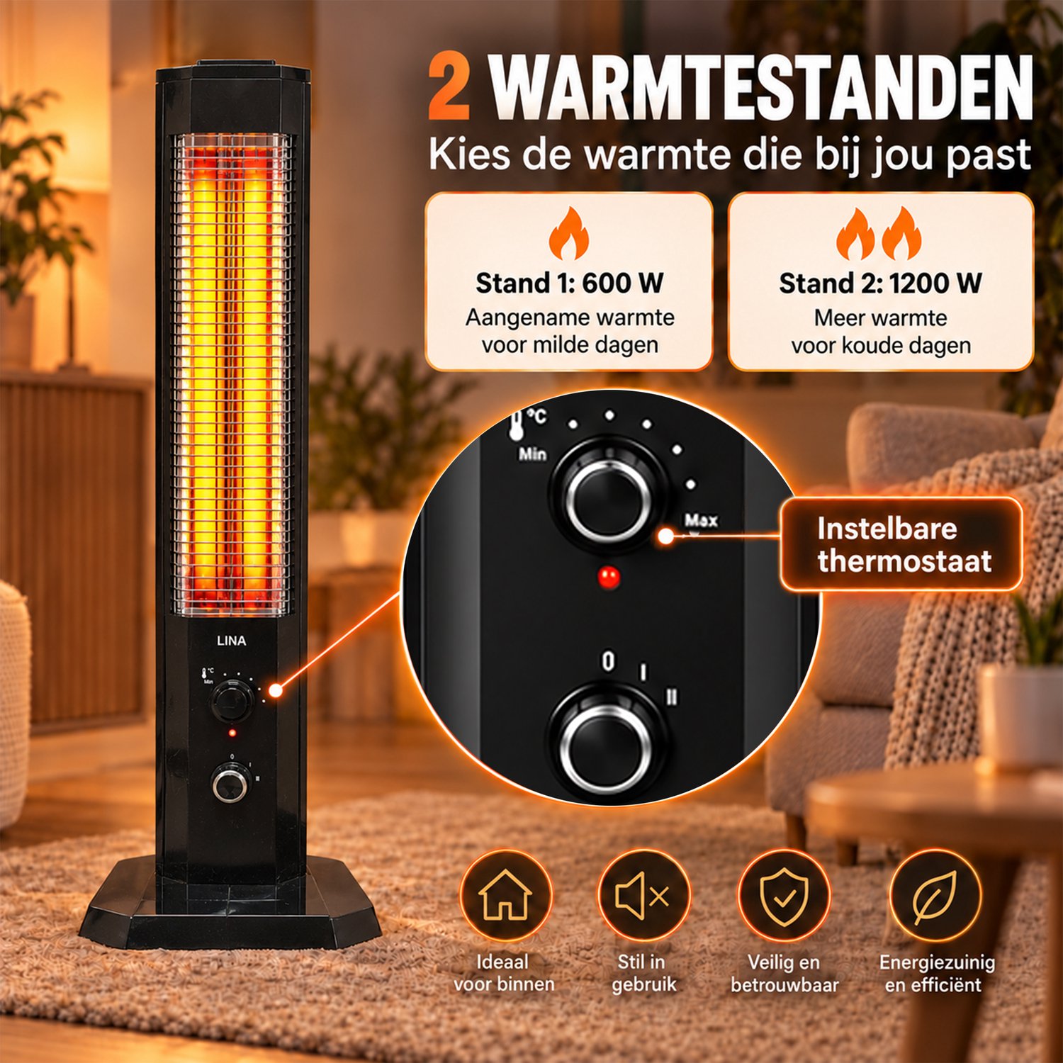 Lina® Infrarood Verwarming 1200W – Energiezuinige Elektrische Kachel voor Binnen en Buiten – Terrasverwarmer – foto 5