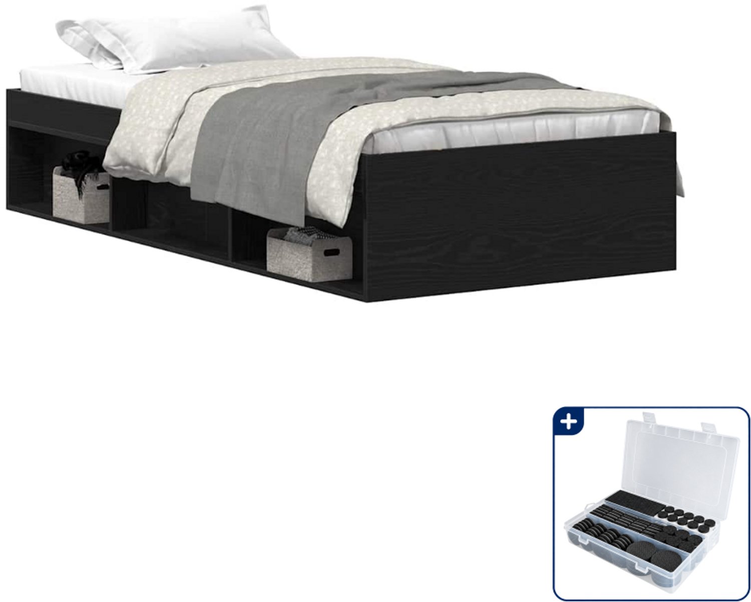vidaXL bedframe - 90 x 200 cm - bewerkt hout - zwart eiken - Inclusief antikrasvilt 177-delig Bruin